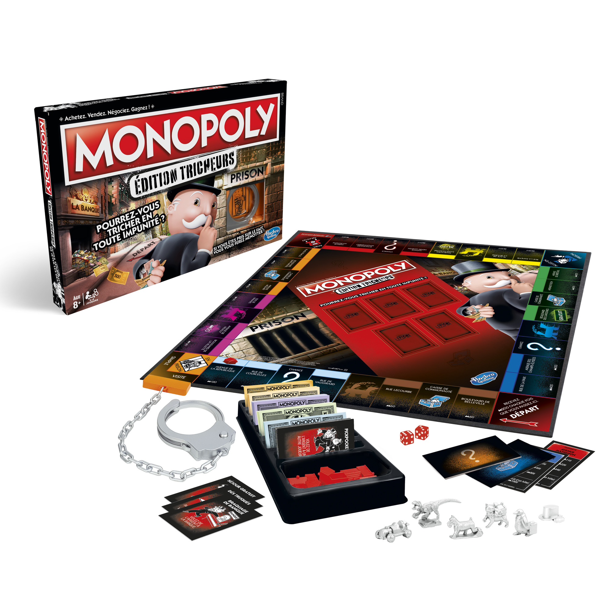 Zestaw gier Monopoly z planszą, kartami, kostkami, żetonami, pieniędzmi i kajdankami. Pudełko przedstawia mężczyznę Monopoly.