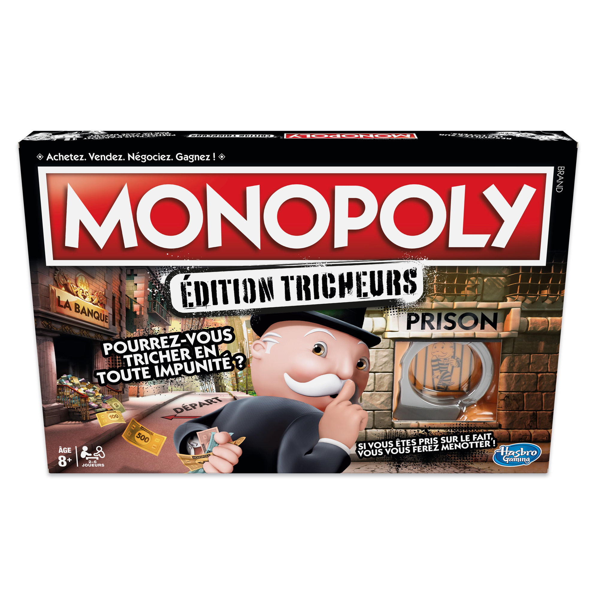 Pudełko gry planszowej Monopoly. Zawiera postać Monopoly, bank i tekst w języku francuskim.