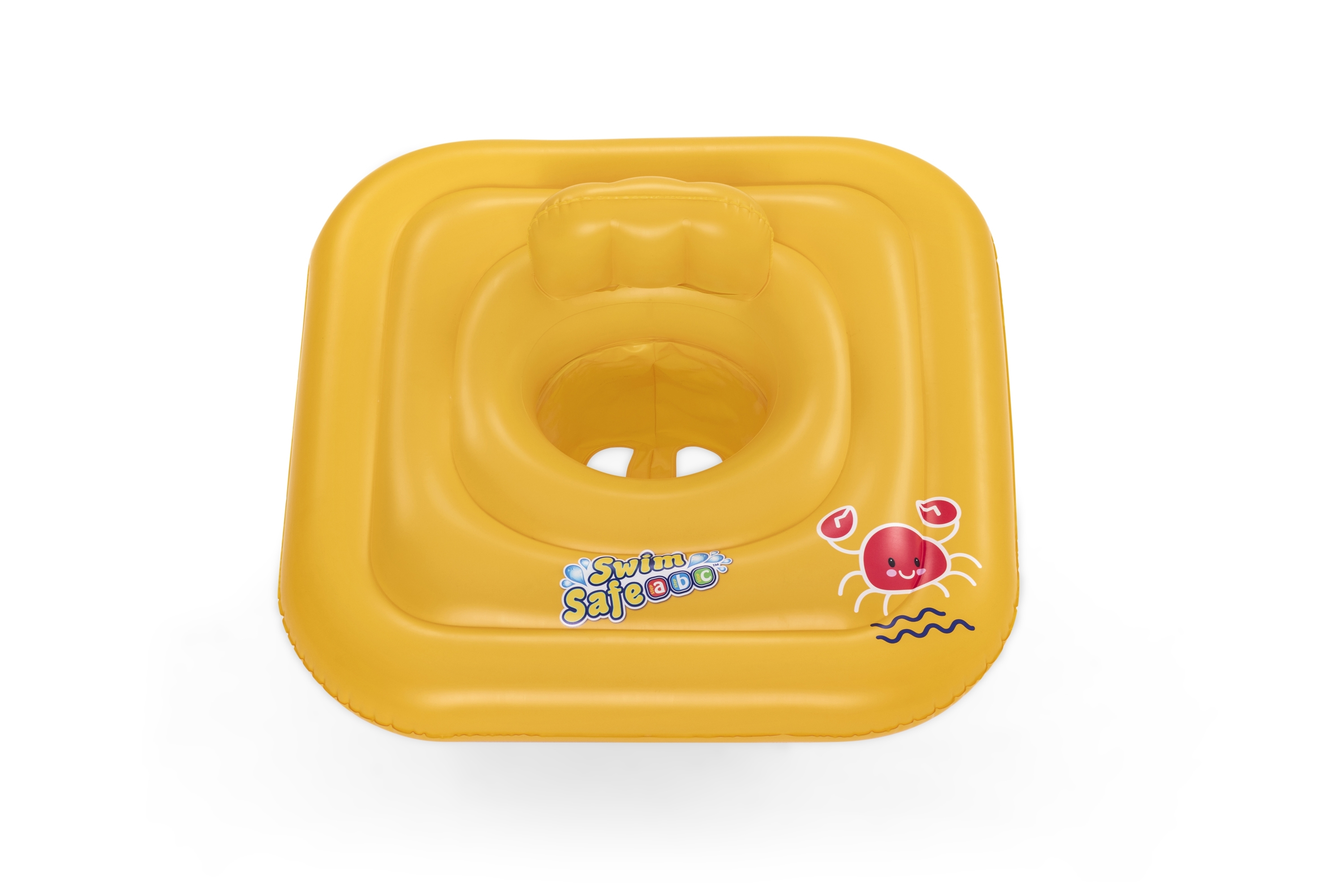 Gelbes aufblasbares Baby-Schwimmbecken mit Krabbendesign und den Worten 'Swim Safe'.