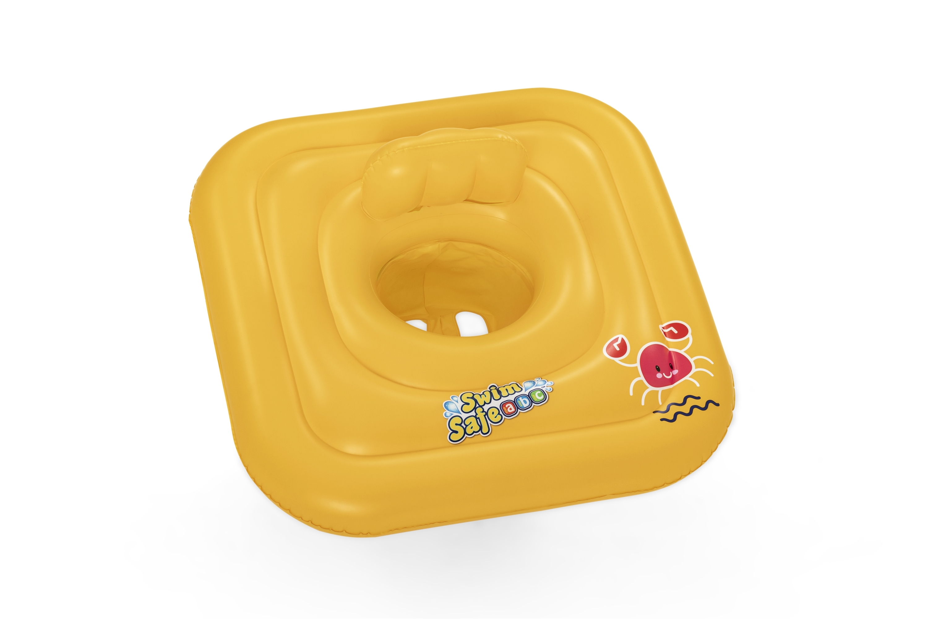 Ein gelber aufblasbarer Baby-Schwimmring mit Krabben-Design. Es hat einen Sitz und eine Rückenlehne.