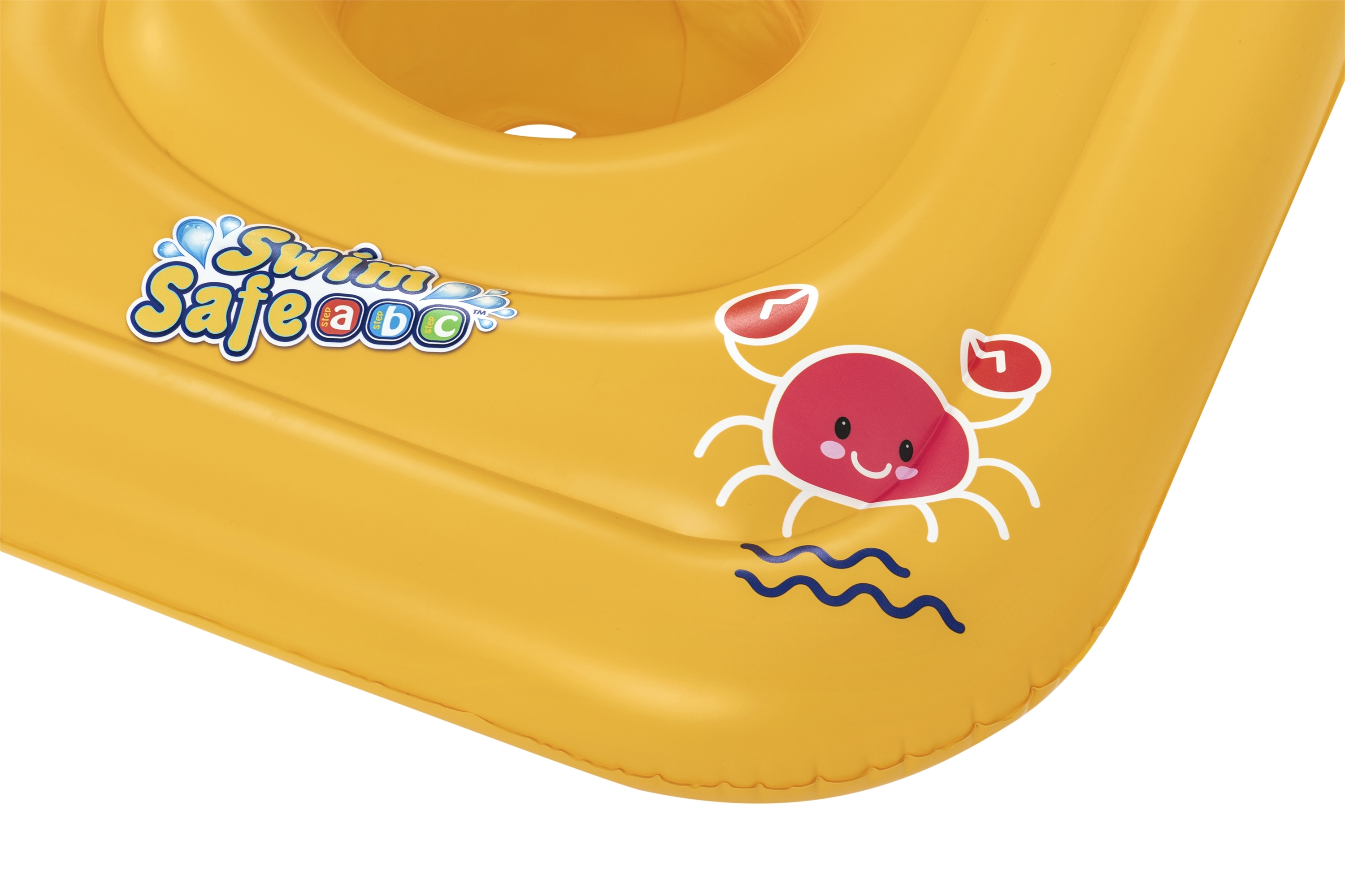 Gelber aufblasbarer Schwimmring mit Krabbendesign und den Worten 'Swim Safe abc'.