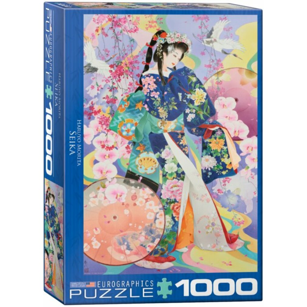 Puzzledose mit einer japanischen Frau im Kimono, umgeben von Blumen und Vögeln. Die Box ist blau mit dem Puzzlenamen.
