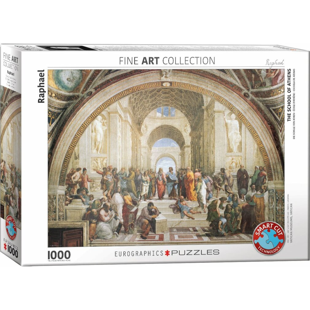 Puzzledose mit Raphaels "Die Schule von Athen". Das Kunstwerk zeigt zahlreiche Figuren in klassischer Umgebung.