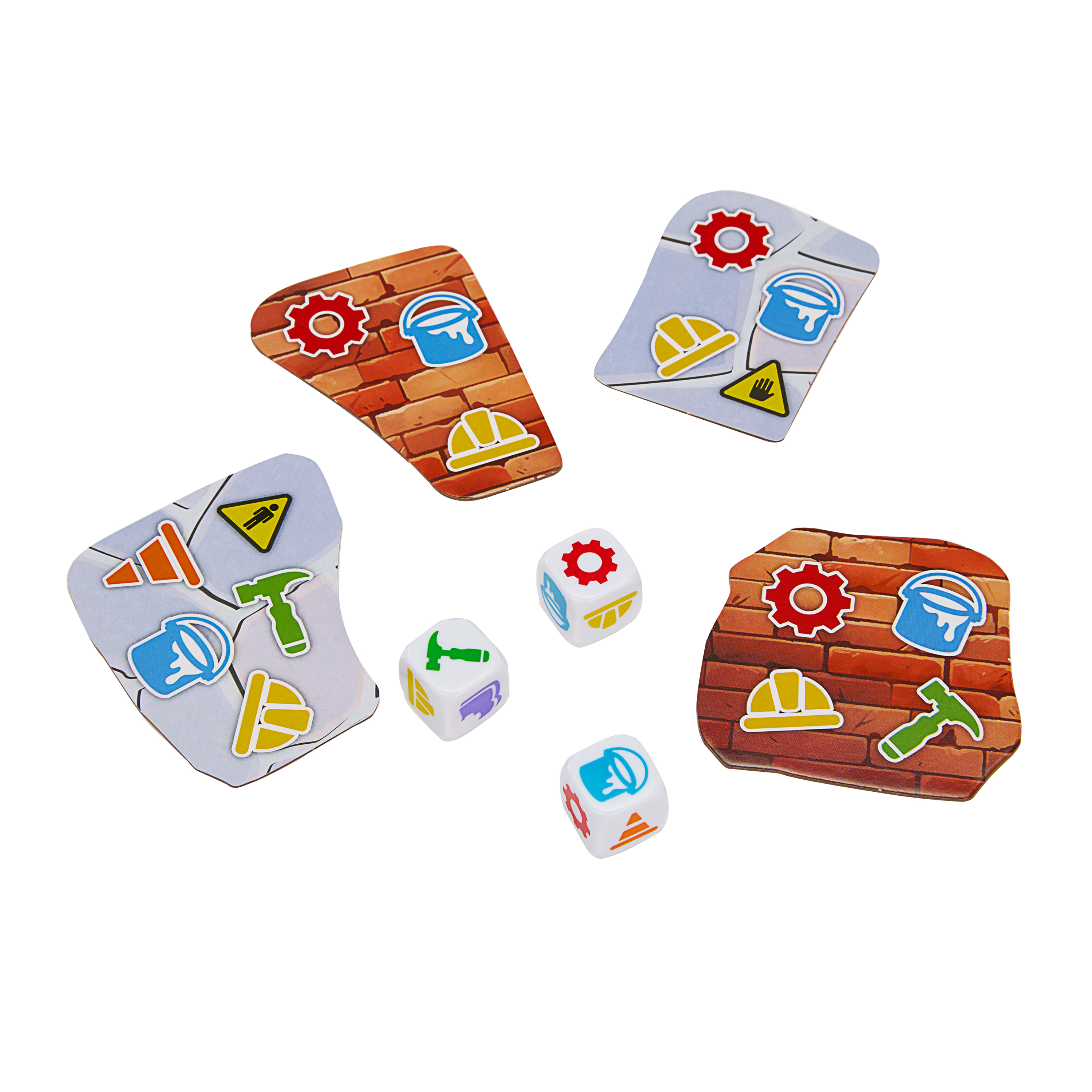 Componenti del gioco: carte mattone con strumenti, dadi e simboli di costruzione su sfondo bianco.