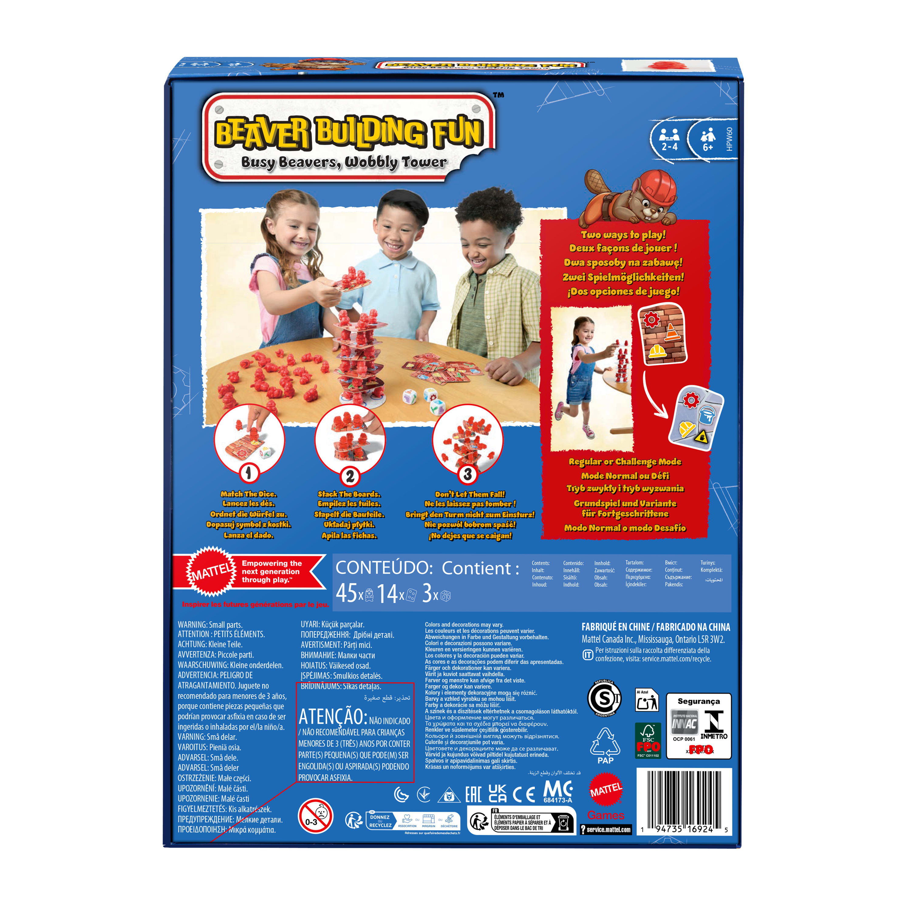 Il retro della scatola mostra un gioco di costruzione di castori con bambini che giocano. Testo, dadi e istruzioni sono visibili.