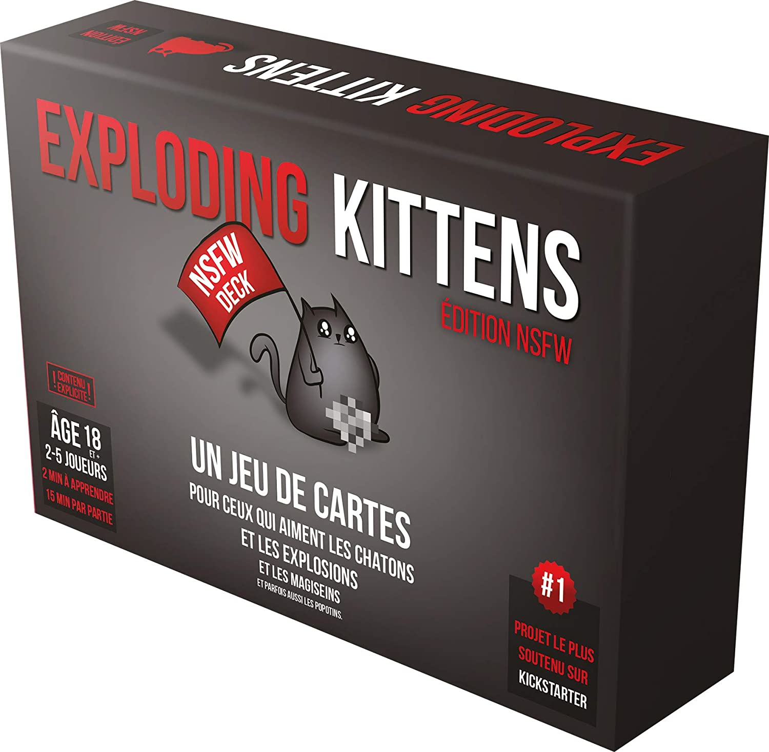 Eine Schachtel Exploding Kittens NSFW Edition. Sie hat eine Cartoon-Katze, eine NSFW-Flagge und Text auf Englisch und Französisch.