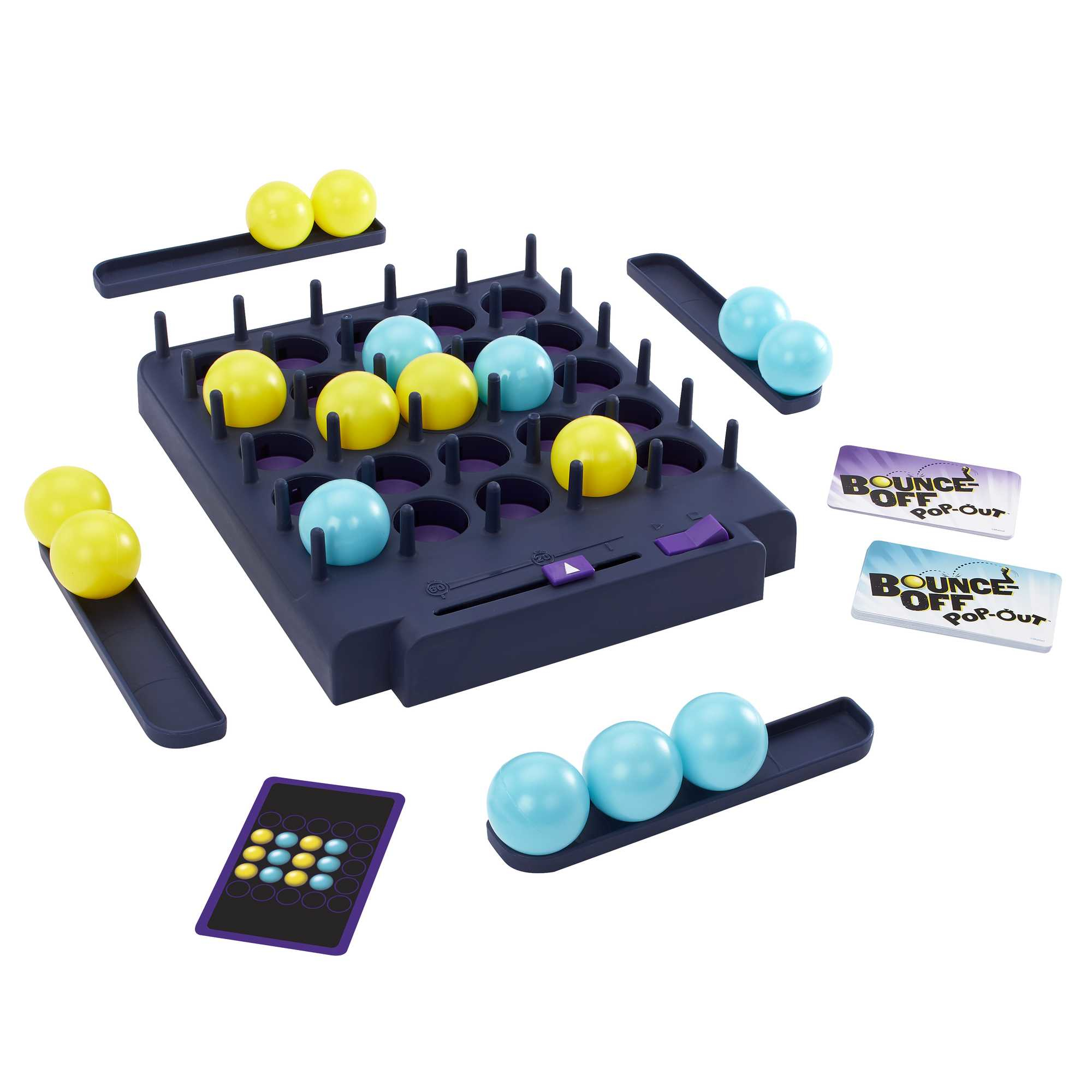 Un juego 'Bounce Off' con bolas amarillas, azules, tablero de juego azul oscuro y cartas. Las bolas están en bandejas.