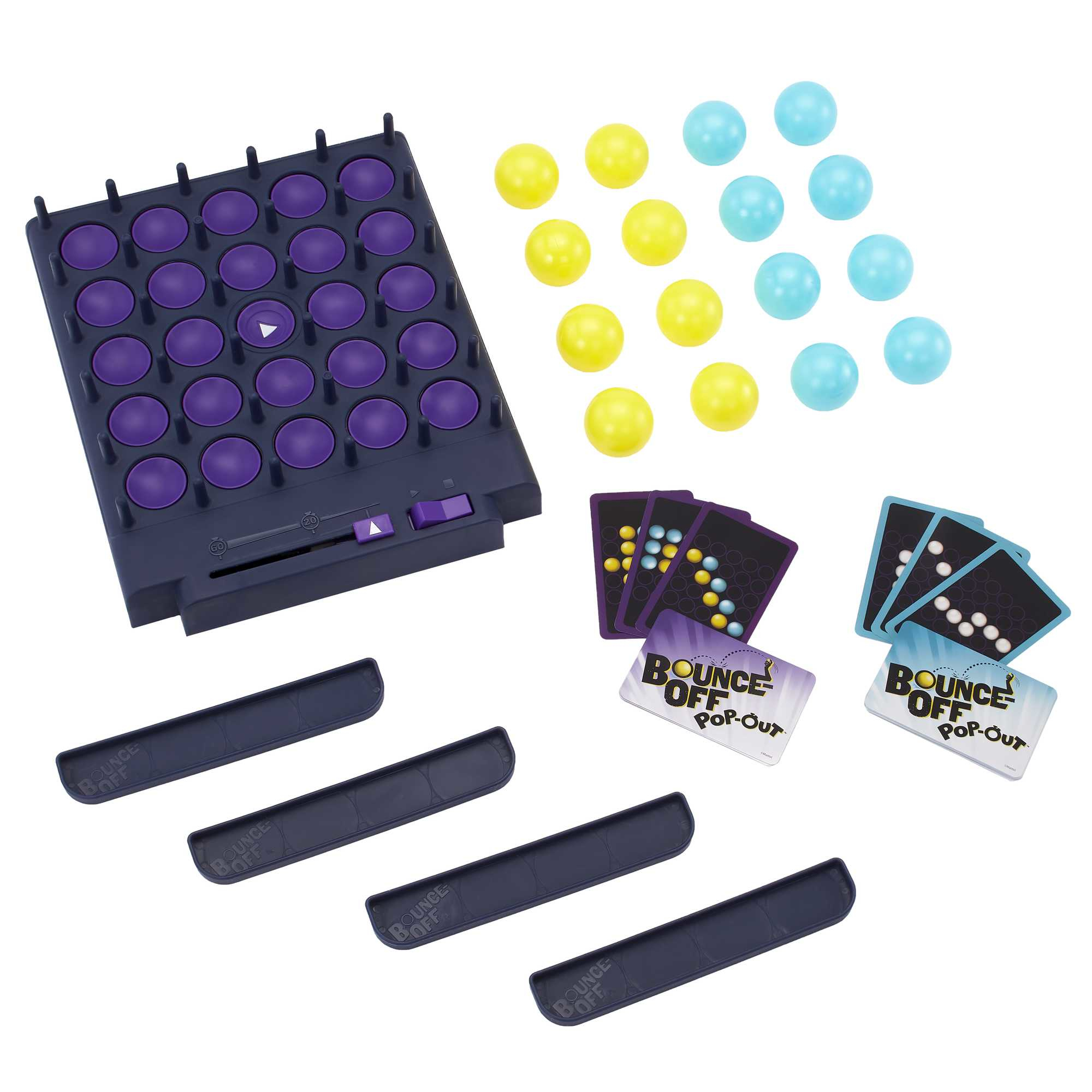 El juego 'Bounce Off' incluye tablero morado, bolas amarillas/azules, cartas y bandejas azul oscuro.