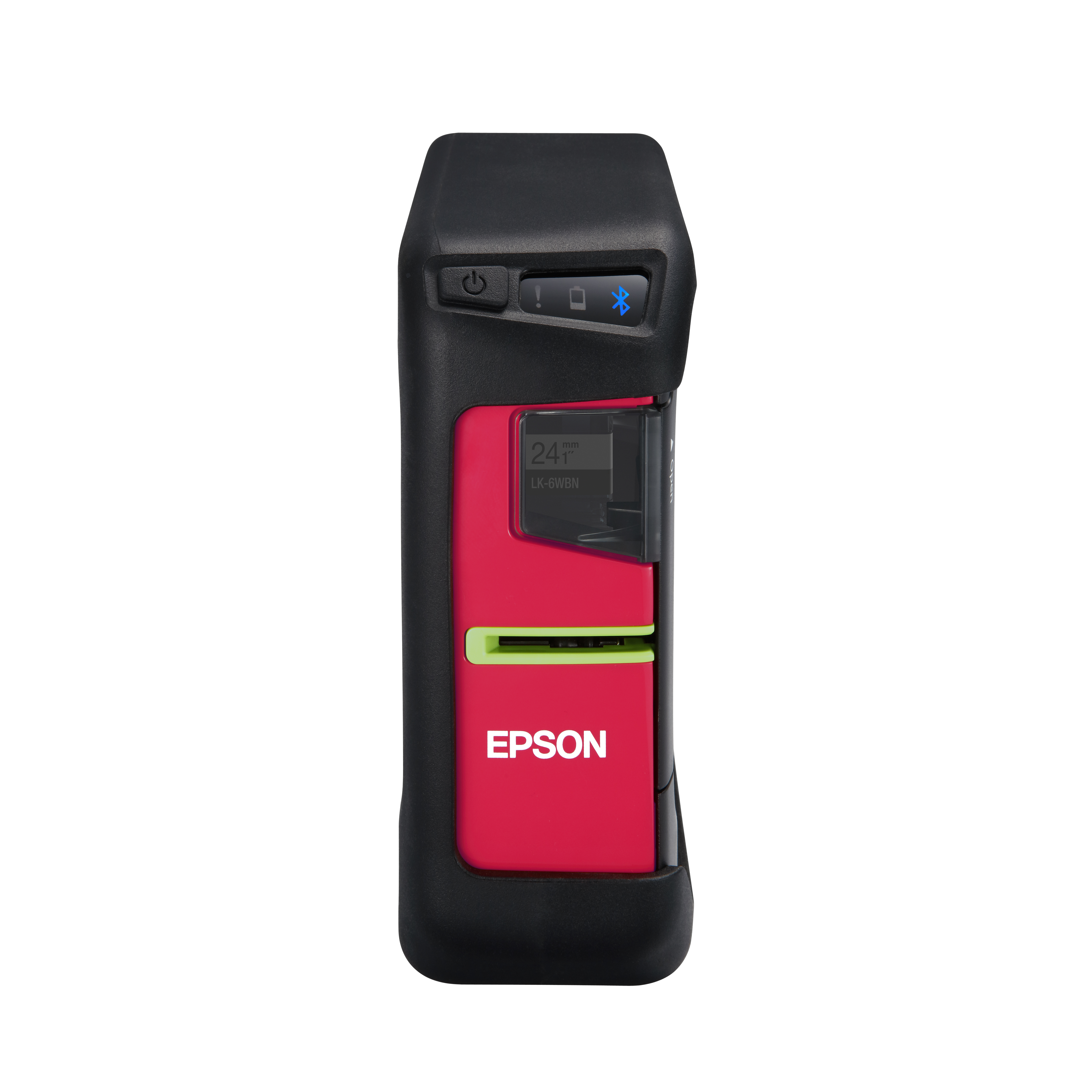 Siyah kasalı ve kırmızı merkezli, Epson logolu bir el tipi yazıcı. Güç düğmesi, bluetooth simgesi ve bir ekranı var.