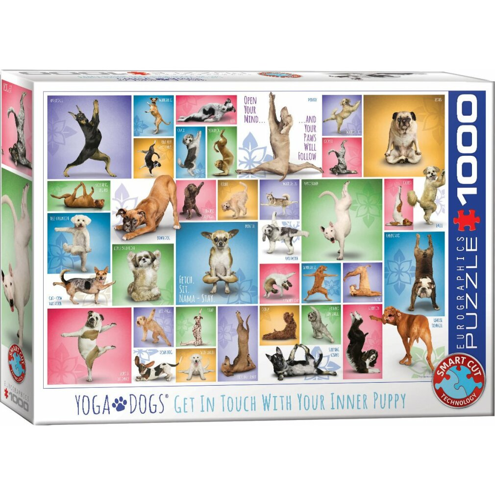 Eine Puzzleschachtel mit dem Titel 'Yoga Dogs'. Es zeigt Hunde in Yoga-Posen. Der Hintergrund ist eine Mischung aus bunten Quadraten.