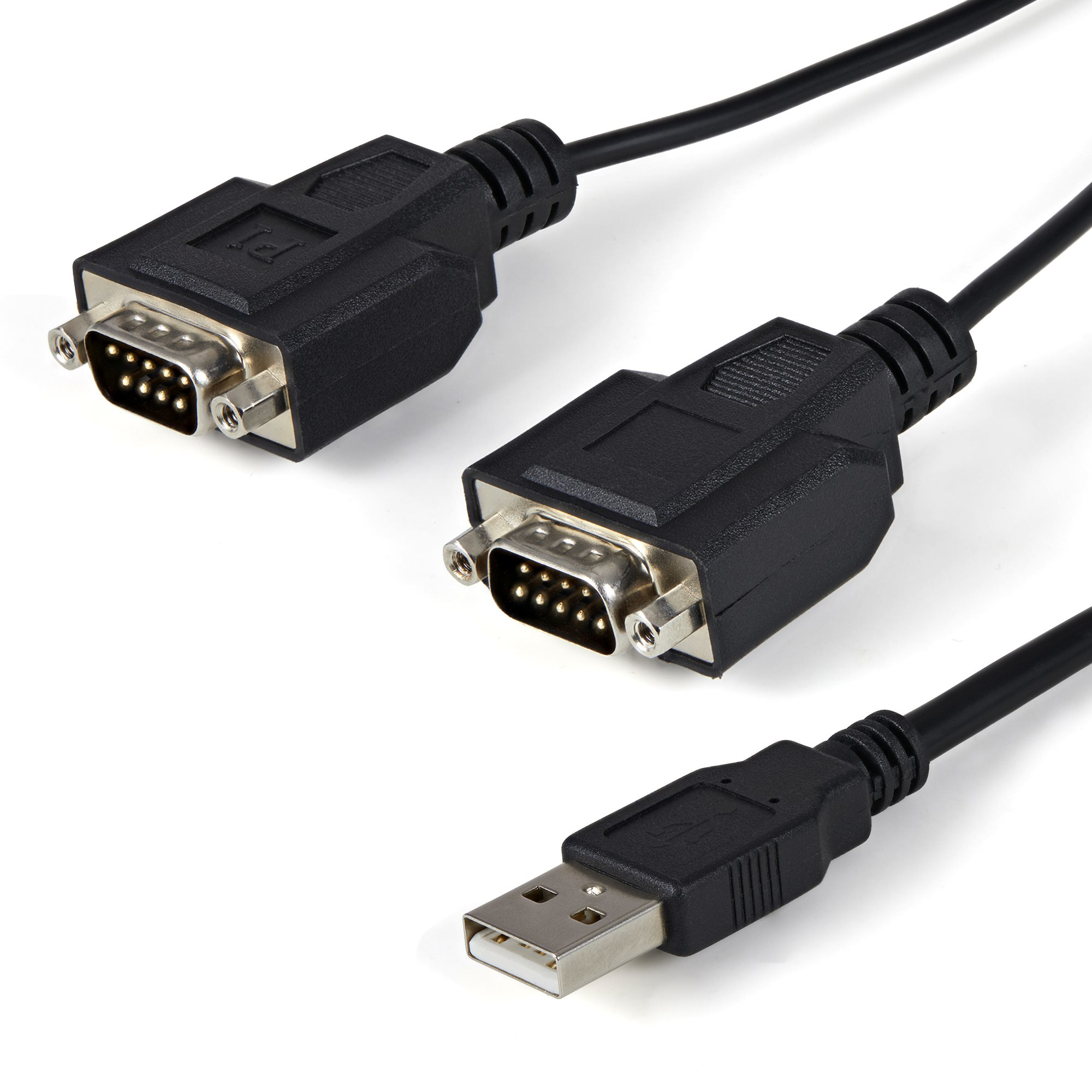 Drei schwarze Kabel mit Anschlüssen: zwei serielle Ports und ein USB-Anschluss. Weißer Hintergrund.