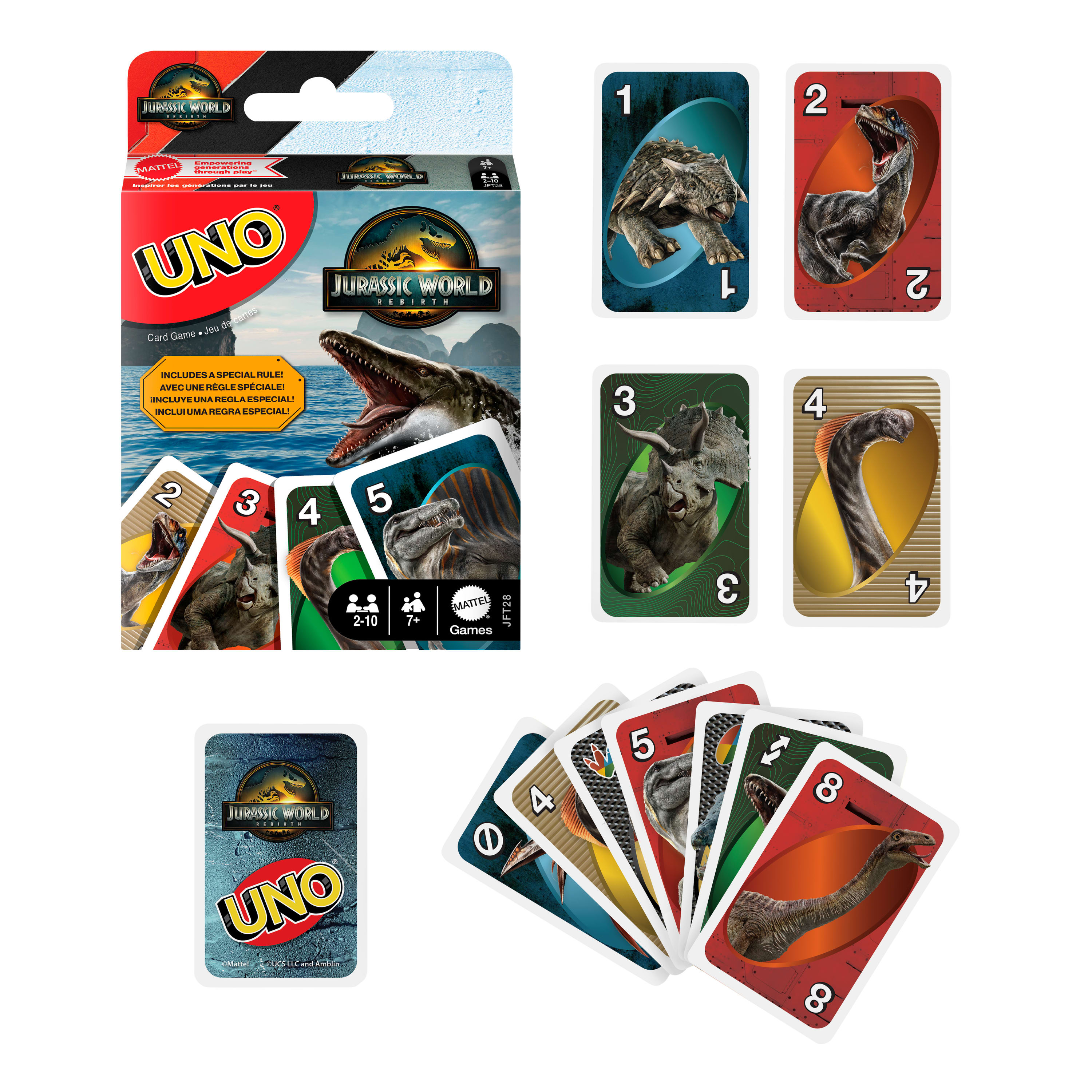 Uno Jurassic World Kartenspiel mit Dinosaurierbildern. Karten zeigen Zahlen und Dinosaurier-Illustrationen.