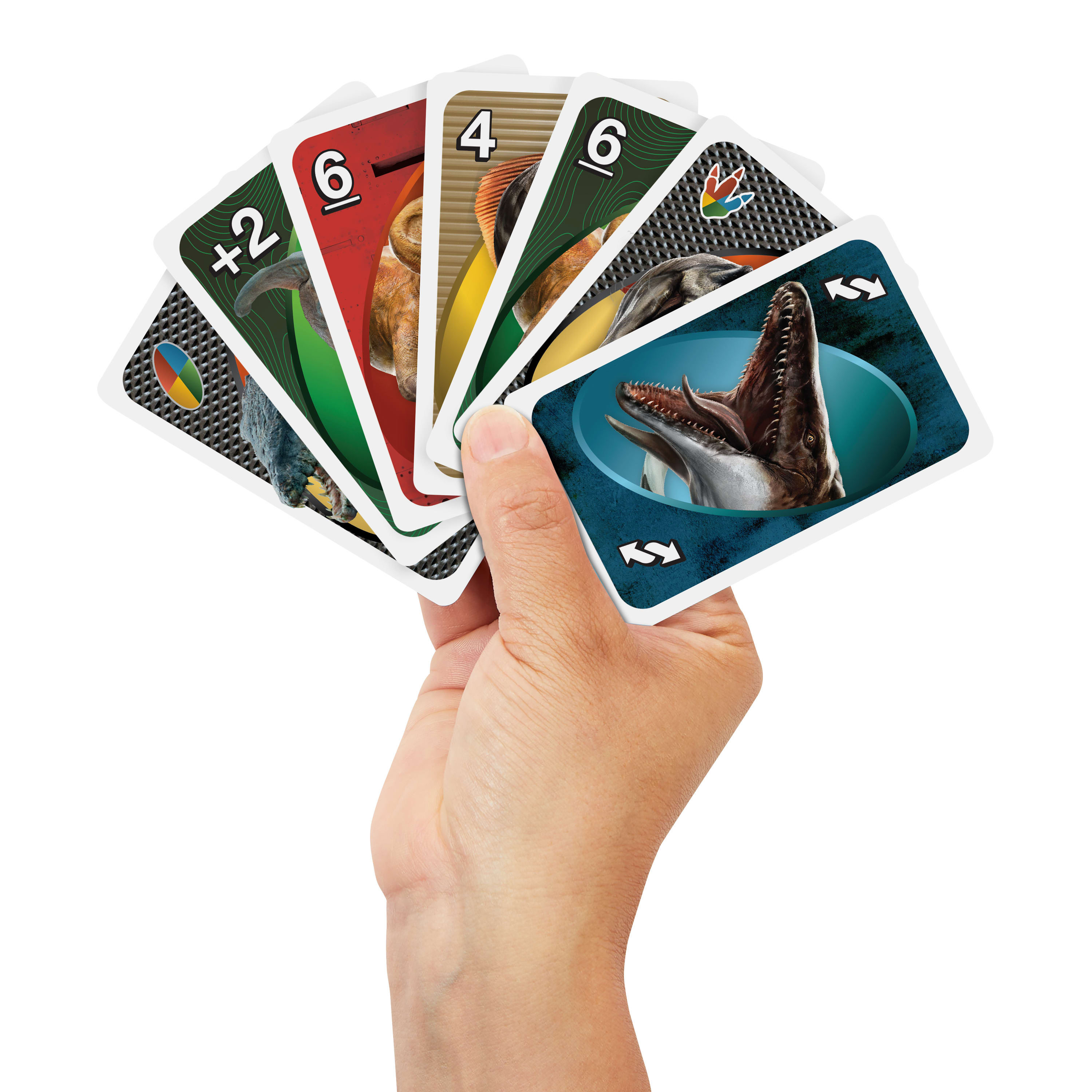 Eine Hand hält einen gefächerten Stapel Uno-Karten mit Dinosaurier-Illustrationen. Karten zeigen Zahlen und Dinosaurierbilder.