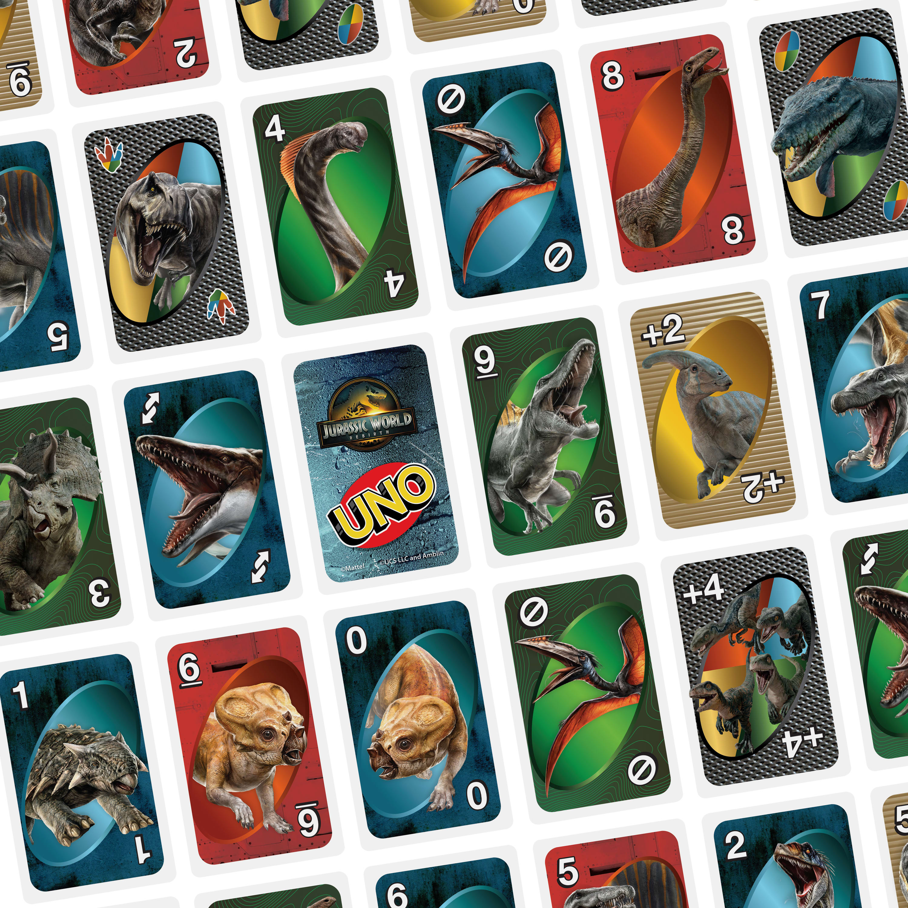 Das Bild zeigt ein UNO-Spiel mit verschiedenen Dinosaurierkarten. Karten zeigen Dinosaurier-Illustrationen und Zahlen.