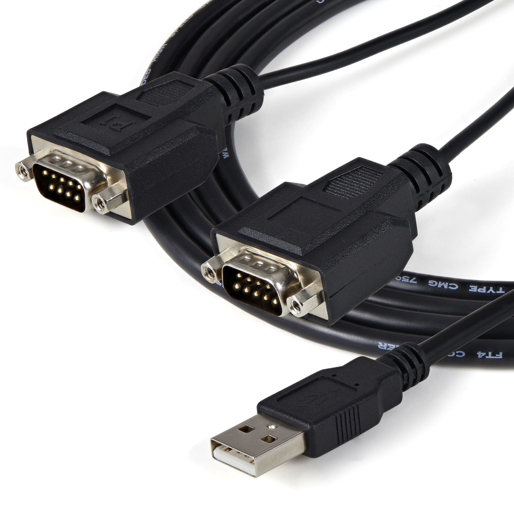 Schwarze Kabel mit Steckern. Ein Ende ist USB, das andere ein DB9-Stecker. Weißer Hintergrund.