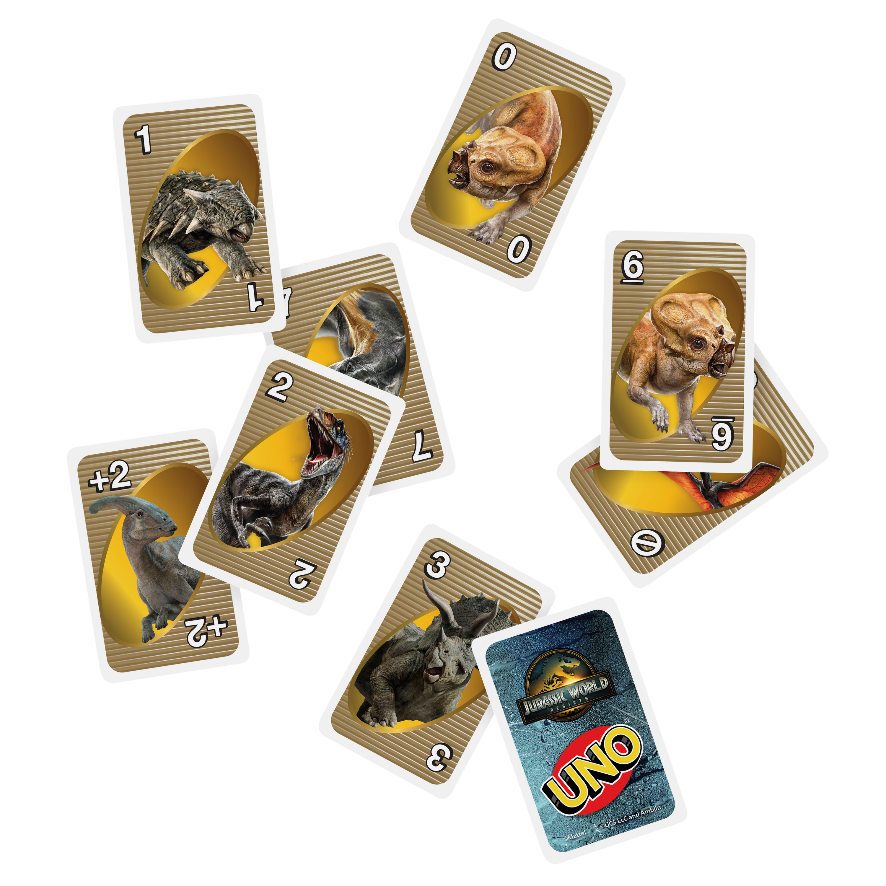 Uno-Karten mit Dinosauriern. Karten sind von 0-9 nummeriert. Eine Karte hat das Jurassic World-Logo.