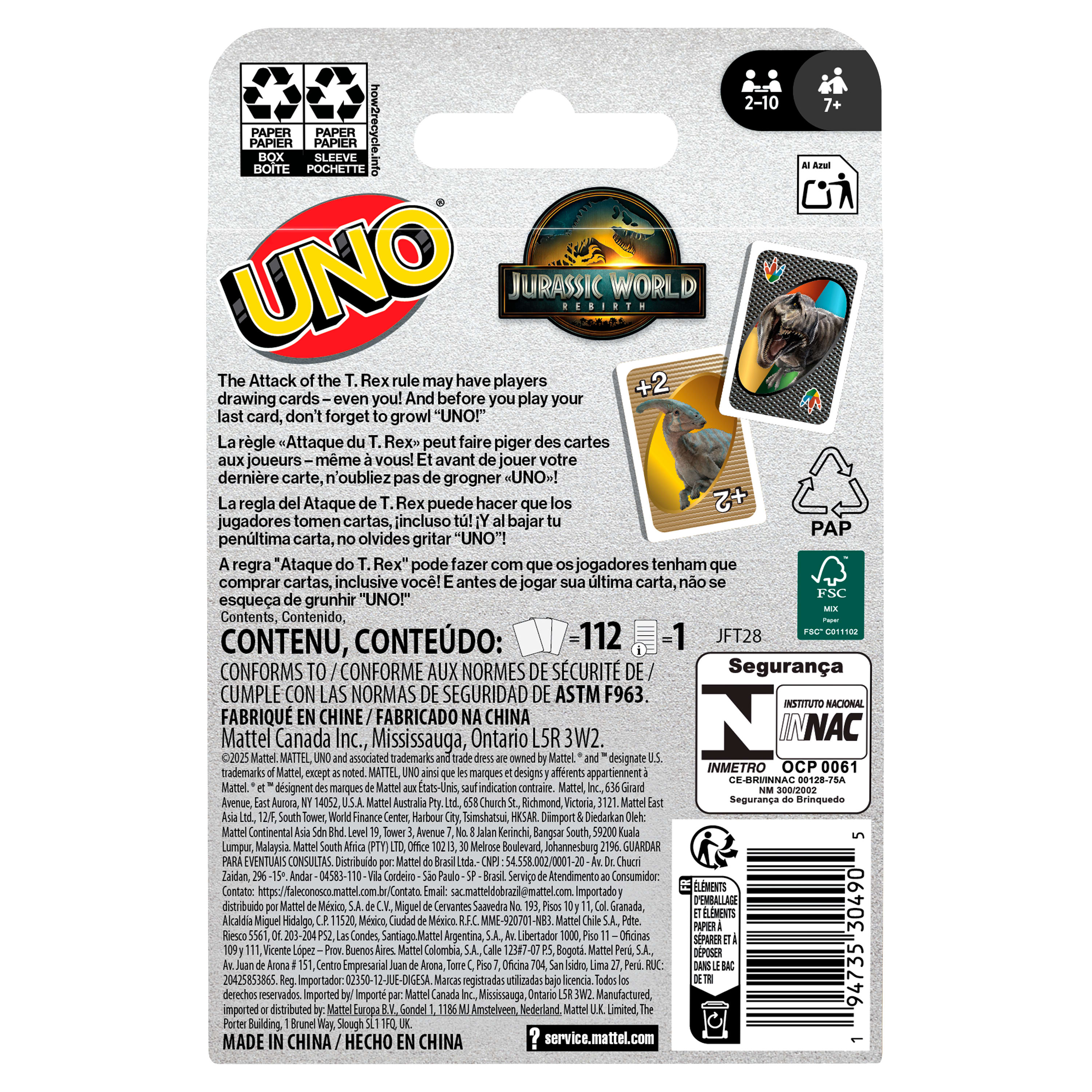 UNO-Kartenspielbox. Enthält Anweisungen, Altersbereich 2-10 und 7+, plus Kartenbeispiele.