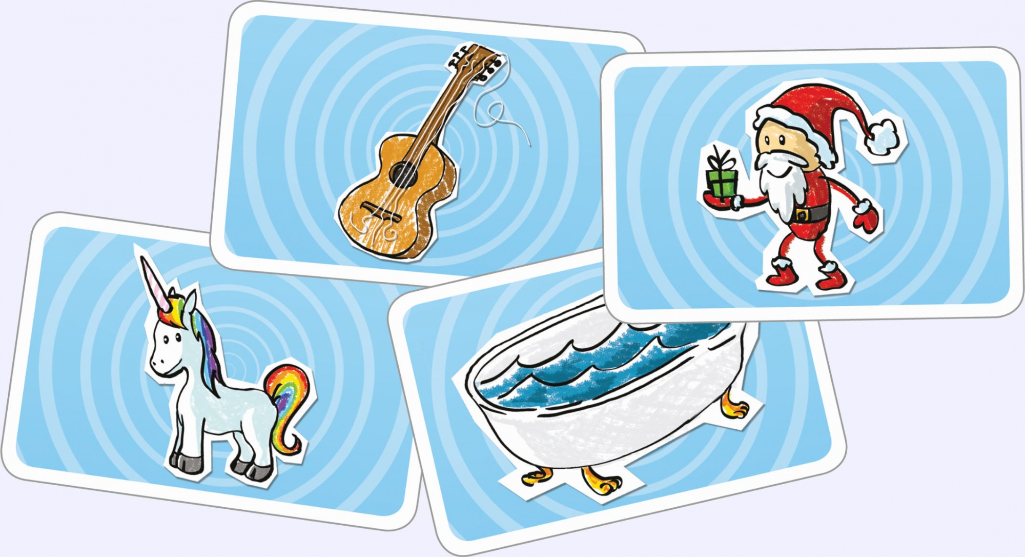 Karten mit Zeichnungen von einem Einhorn, einer Gitarre, dem Weihnachtsmann und einer Badewanne mit Wasser. Alles auf blauem Hintergrund.