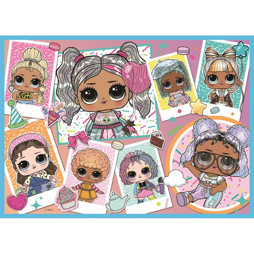 Kolorowa układanka z wieloma lalkami L.O.L. Surprise w ramkach w stylu polaroid, otoczona konfetti i elementami tematycznymi.