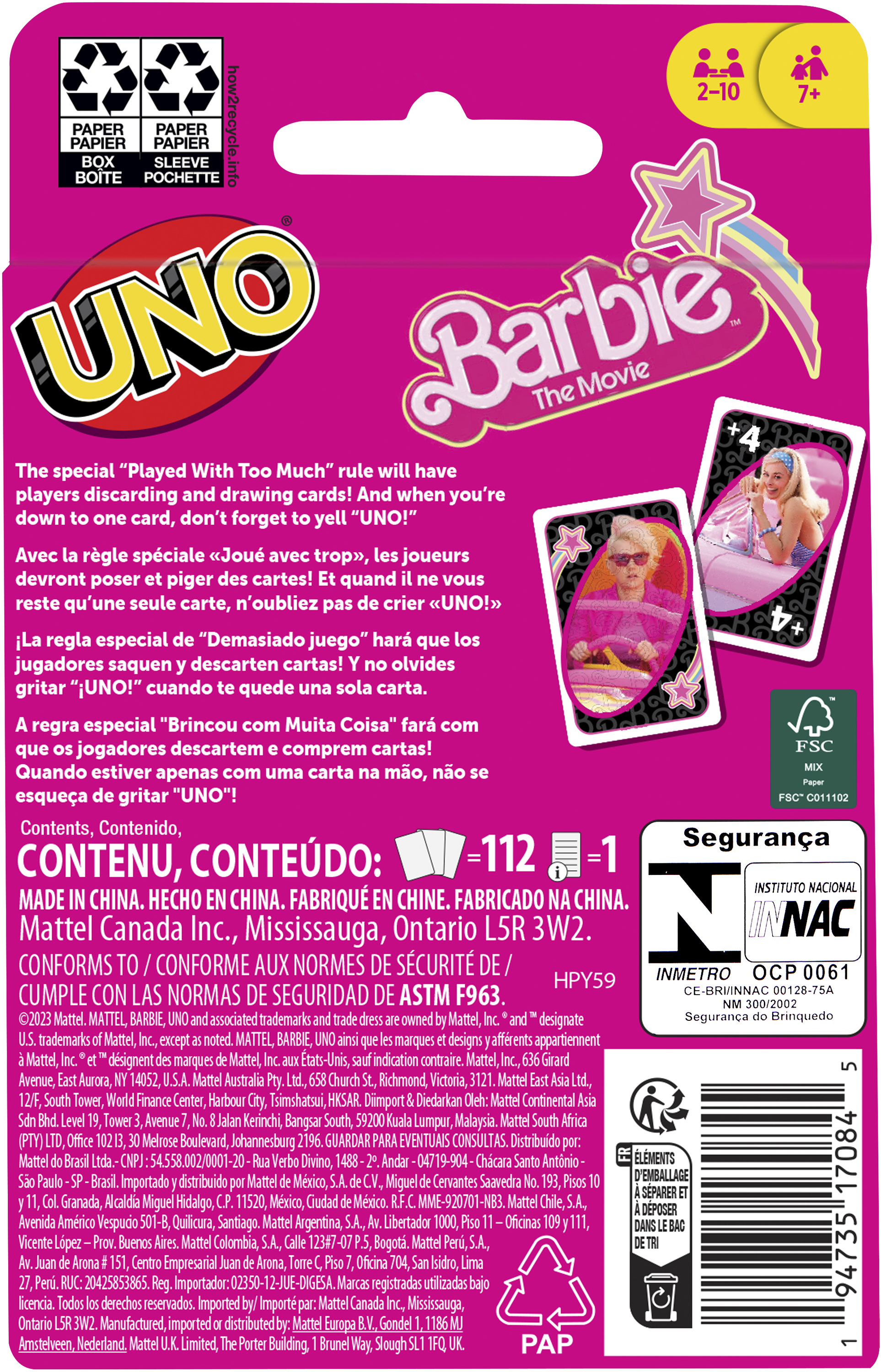La scatola di Barbie UNO presenta un logo, carte e testo in più lingue. Mostra carte di Barbie.