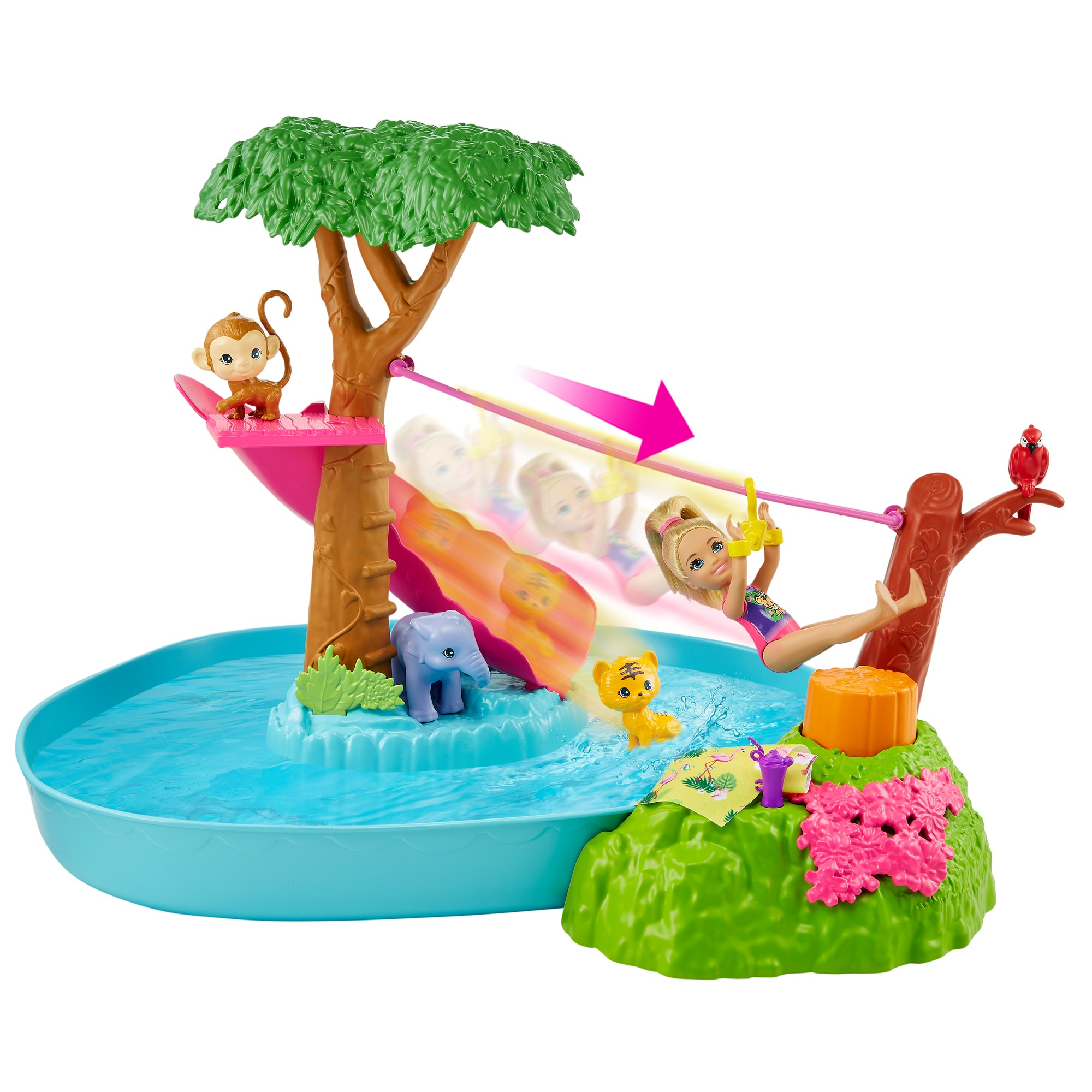 Ein Dschungel-Spielset mit einer schwingenden Puppe, Affe, Elefant, Tiger und einer Rutsche. Grün, Braun, Rosa und Orange sind die Hauptfarben.