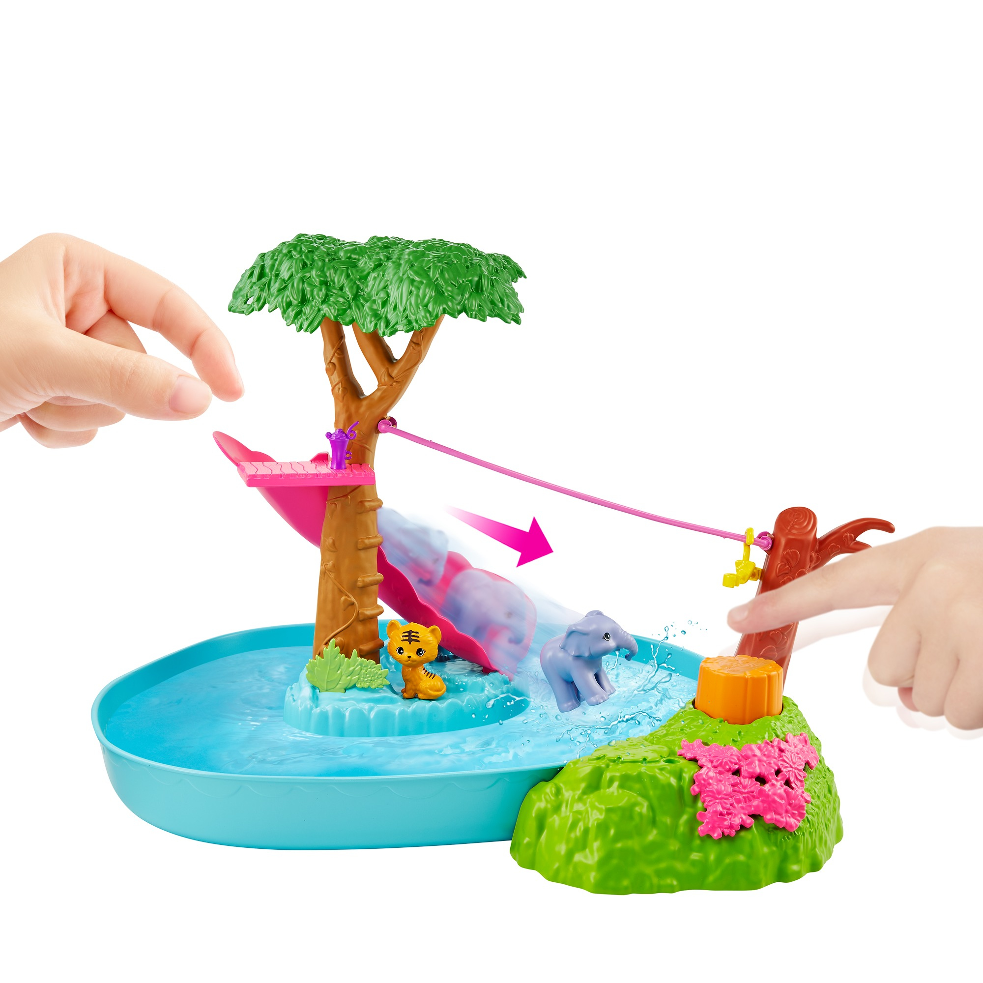 Spielzeug-Spielset mit Baum, Rutsche und Wasser. Ein rosa Pfeil zeigt die Bewegung an. Enthält ein Tiger- und Elefantenspielzeug.