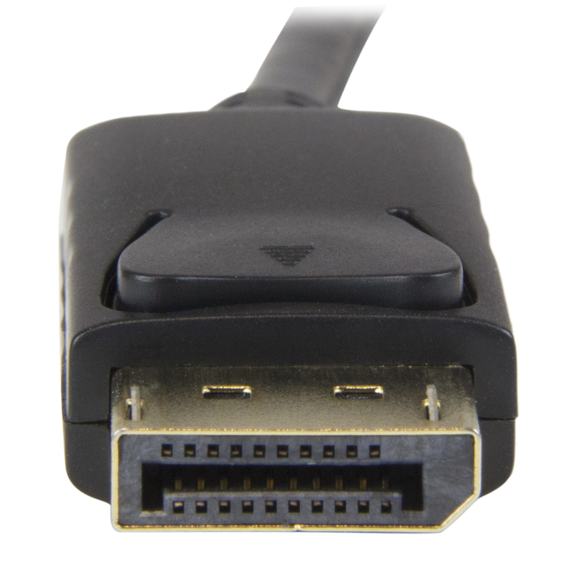 Nahaufnahme eines DisplayPort-Anschlusses mit schwarzem Kunststoffgehäuse und Metallanschluss.