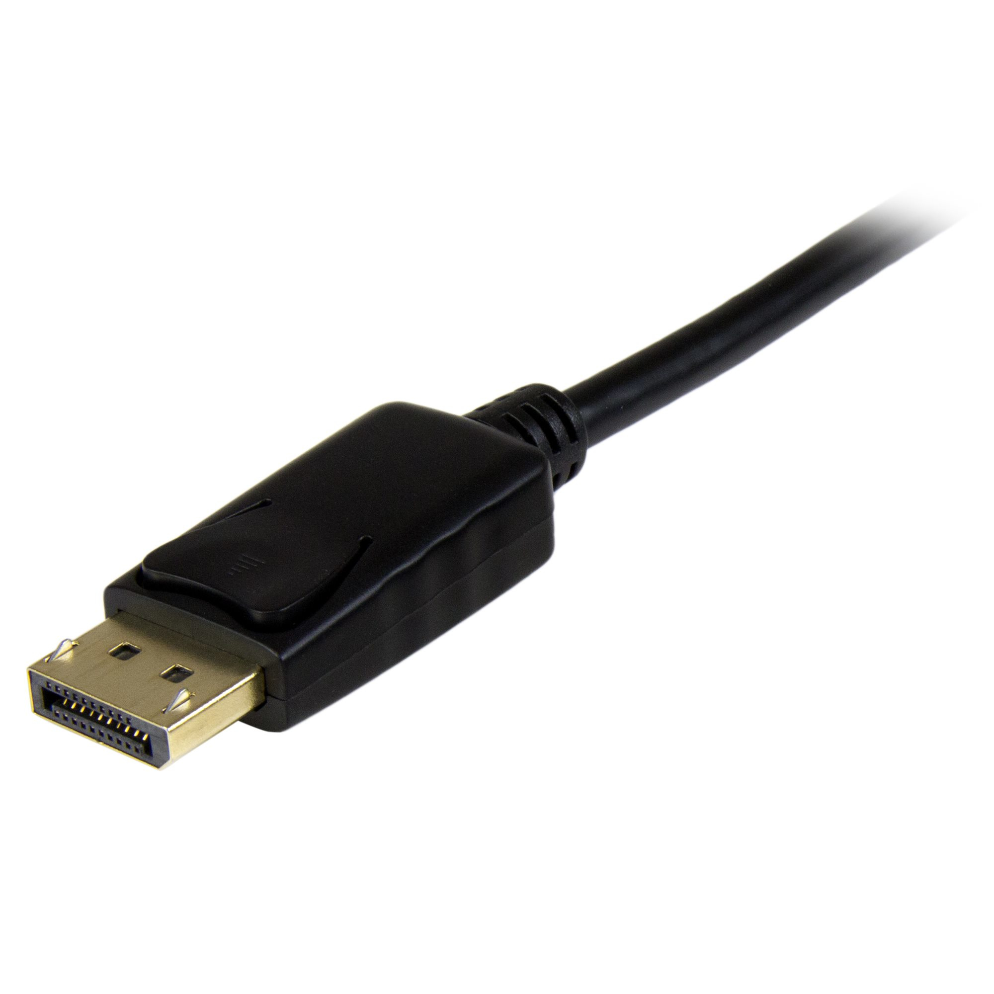 Ein DisplayPort-Kabel auf weißem Hintergrund. Der Stecker ist schwarz mit einem goldfarbenen Anschluss.
