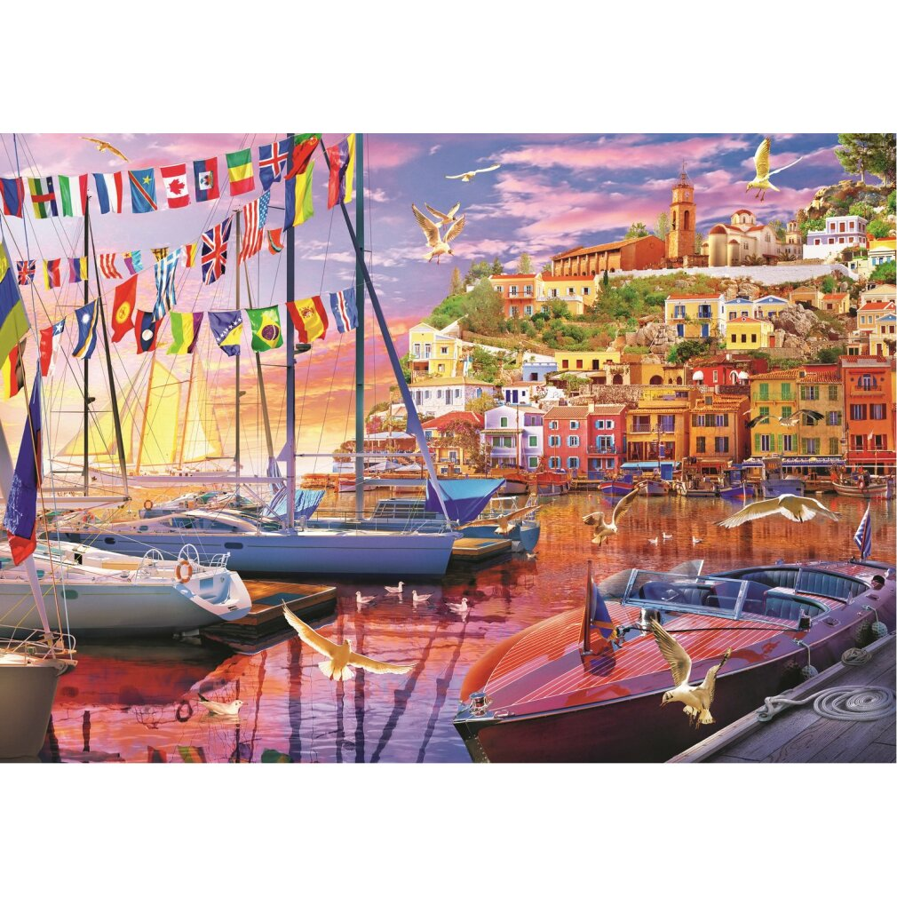 Harbor scene with boats, flags, and colorful buildings. Seagulls fly over the water. A sunset sky provides the background.