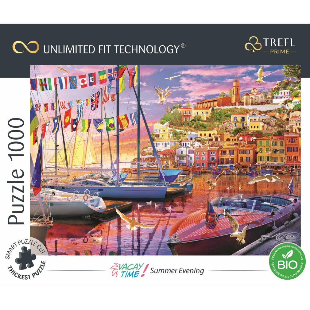 Puzzle showing a harbor scene at sunset with sailboats, buildings, flags, and seagulls flying. The water reflects the colors.