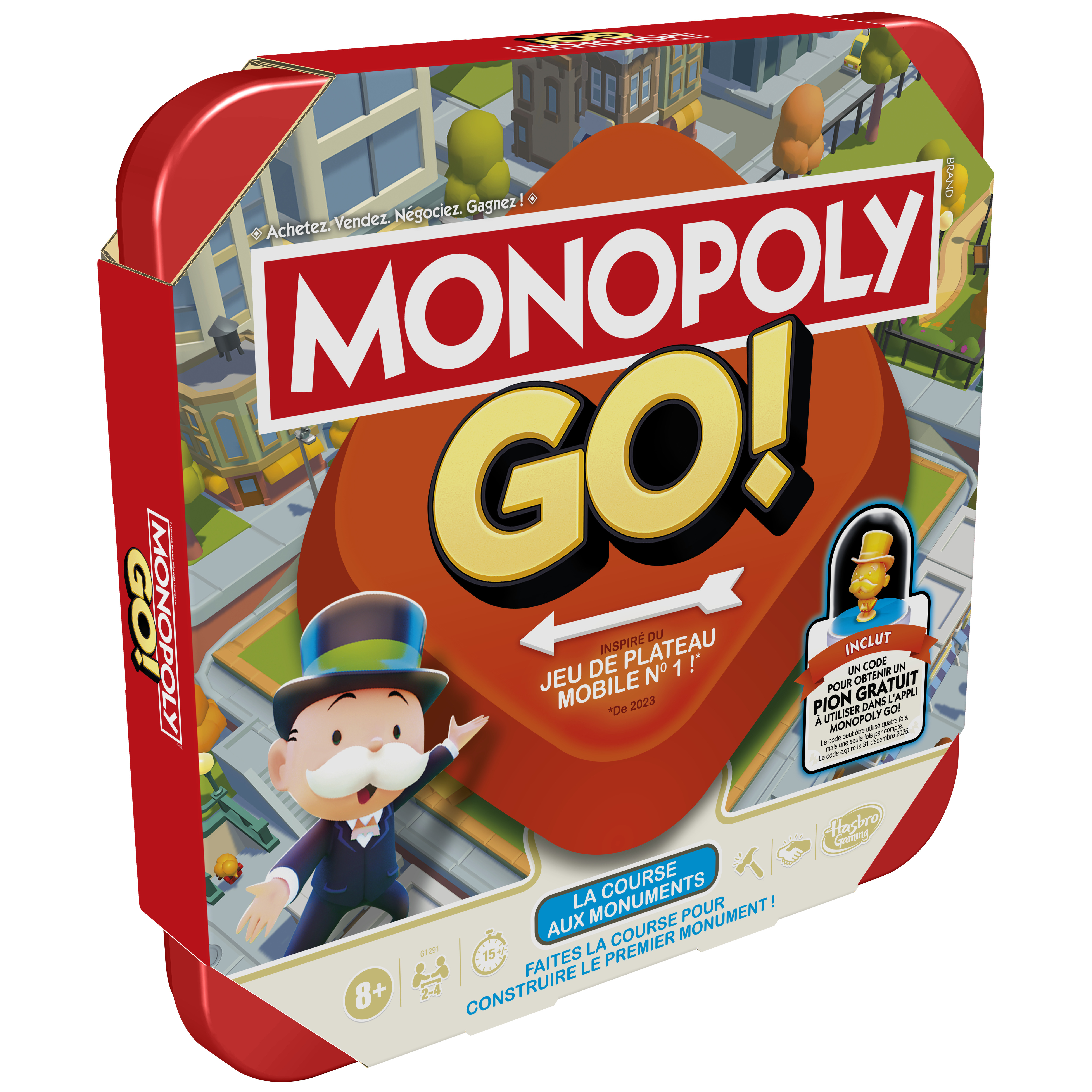 Monopoly Go speldoos. Rode en oranje kleuren. Bevat Monopoly man figuur en stadsgebouwen op de achtergrond.