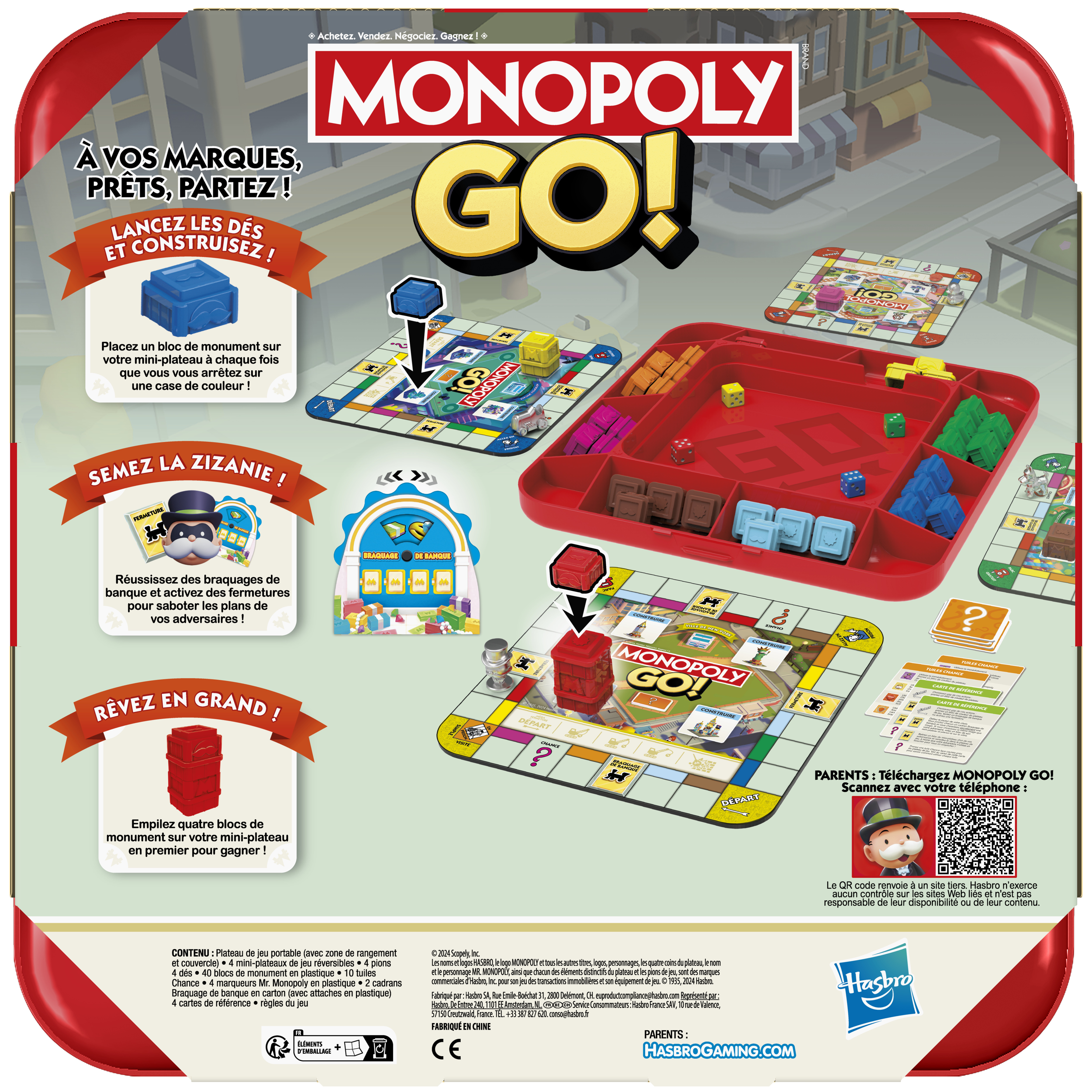Monopoly Go-spelbox. Rode container met spelbord, speelstukken en instructies. Logo en tekst zijn zichtbaar.