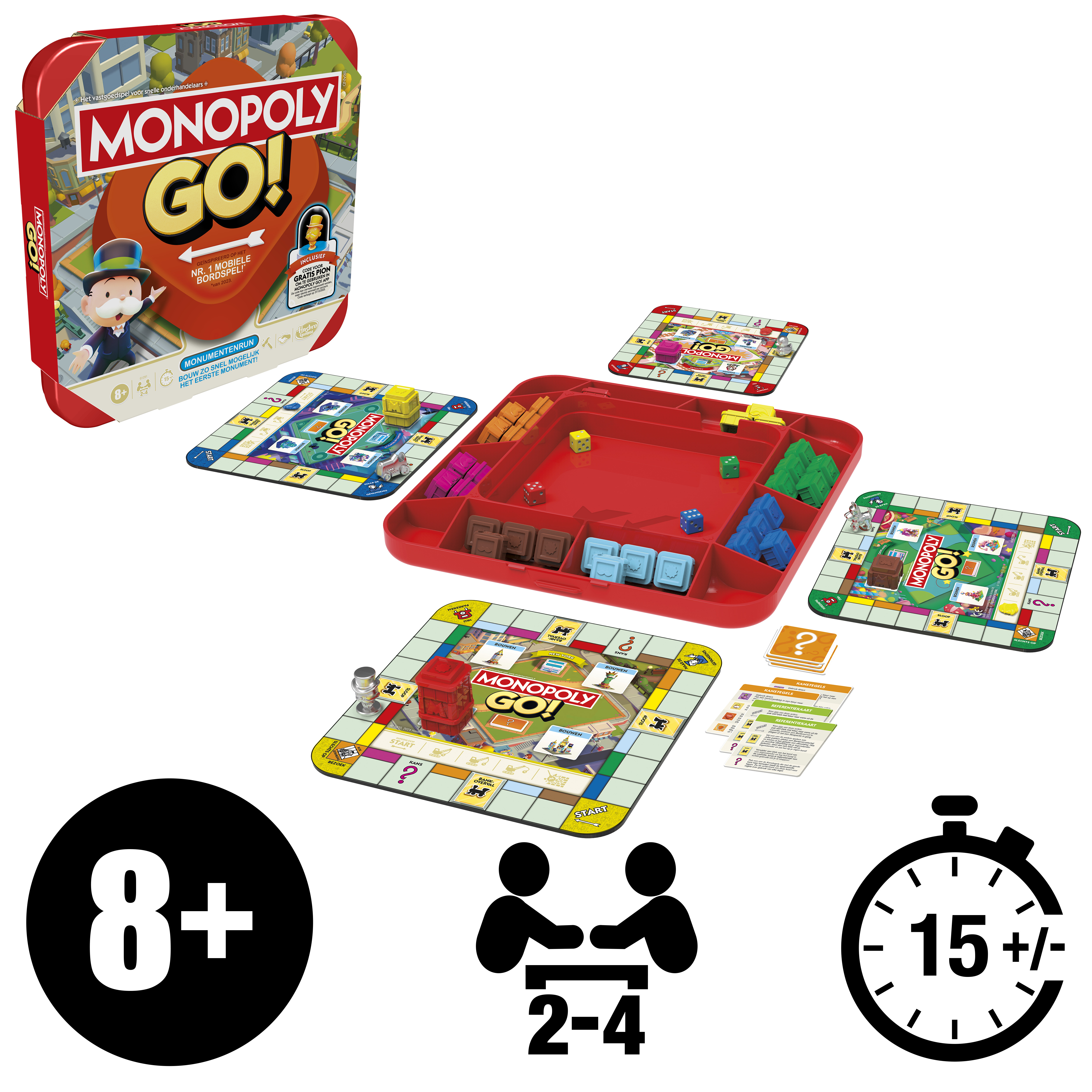 Monopoly Go-spelset met spelborden, pionnen, dobbelstenen en een doos. Inclusief leeftijd- en spelersaantal-iconen.
