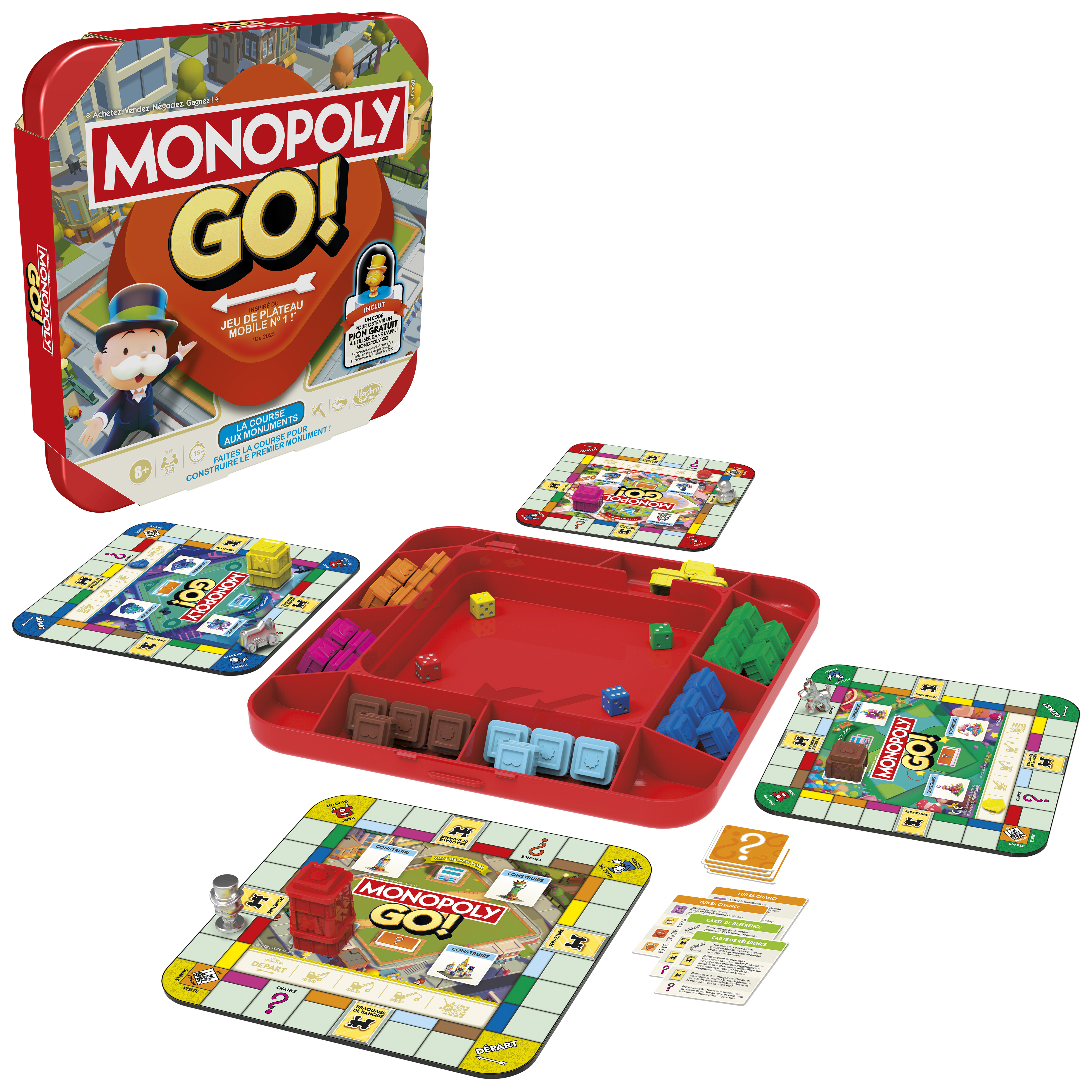 Monopoly Go-spelset, met borden, fiches, dobbelstenen en een rode container met de titel.