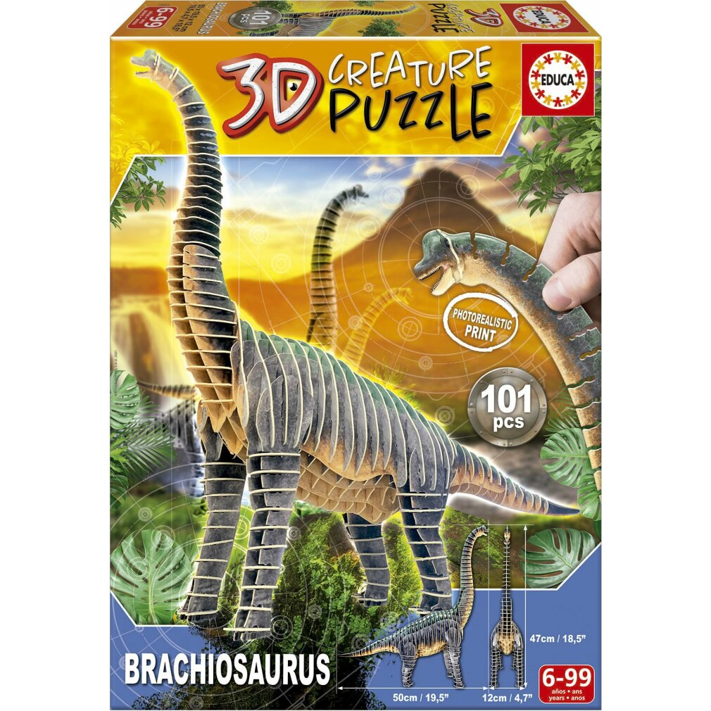 Pudełko z puzzlami 3D z ilustracją Brachiozaura. Pudełko przedstawia dinozaura, a tekst brzmi '3D Creature Puzzle'.