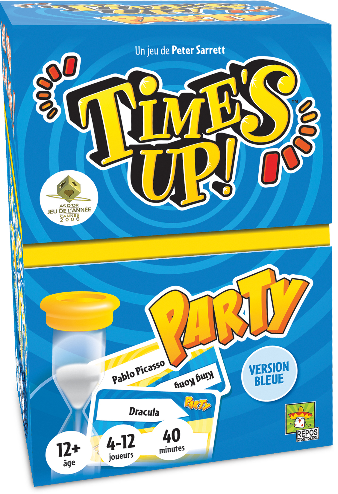 Doos van het spel Time's Up Party. Blauwe achtergrond met gele en rode tekst. Bevat kaarten, een zandloper en speld details.