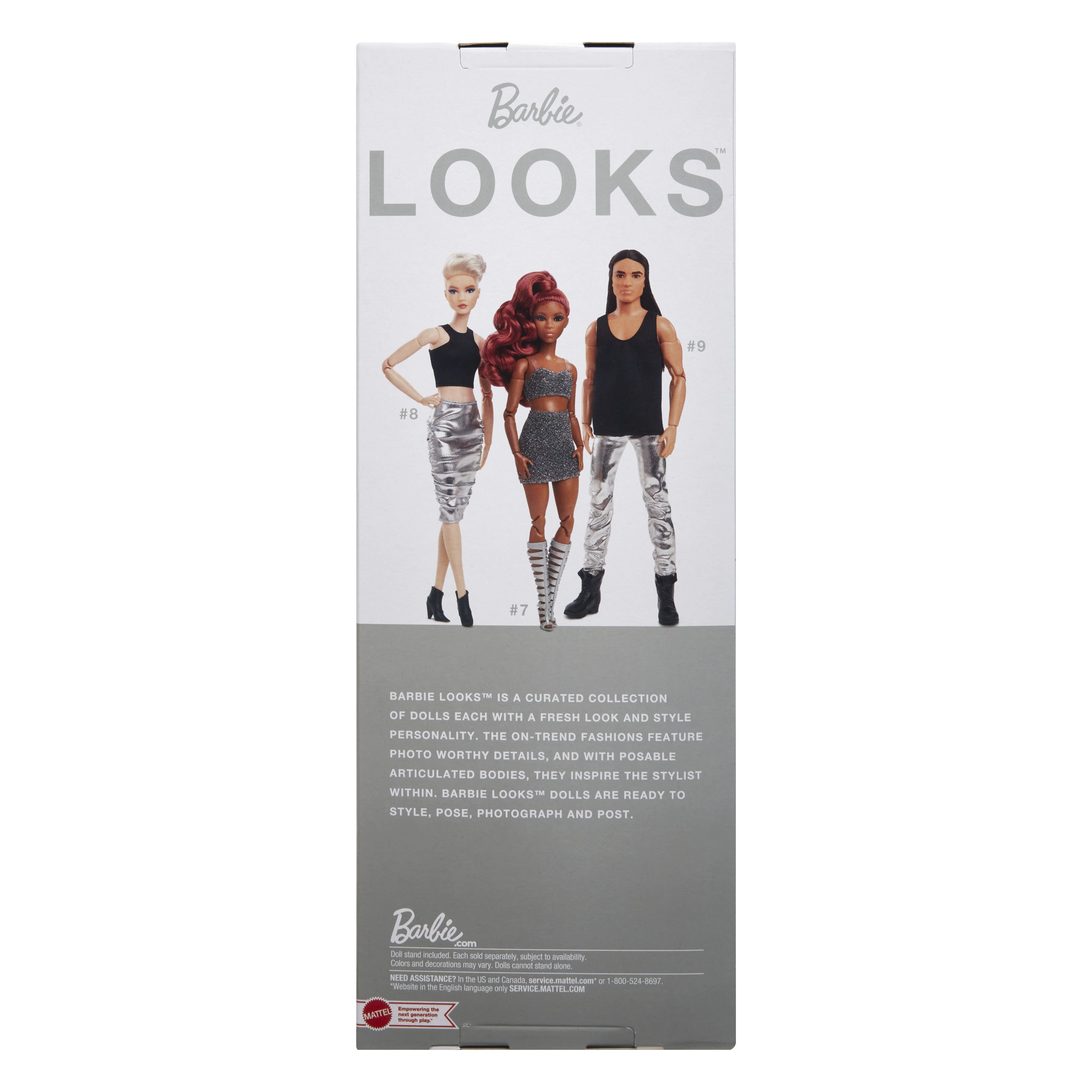 Pudełko przedstawia trzy lalki Barbie Looks, każda w stylowym stroju. Widoczne jest logo Barbie i nazwa produktu.