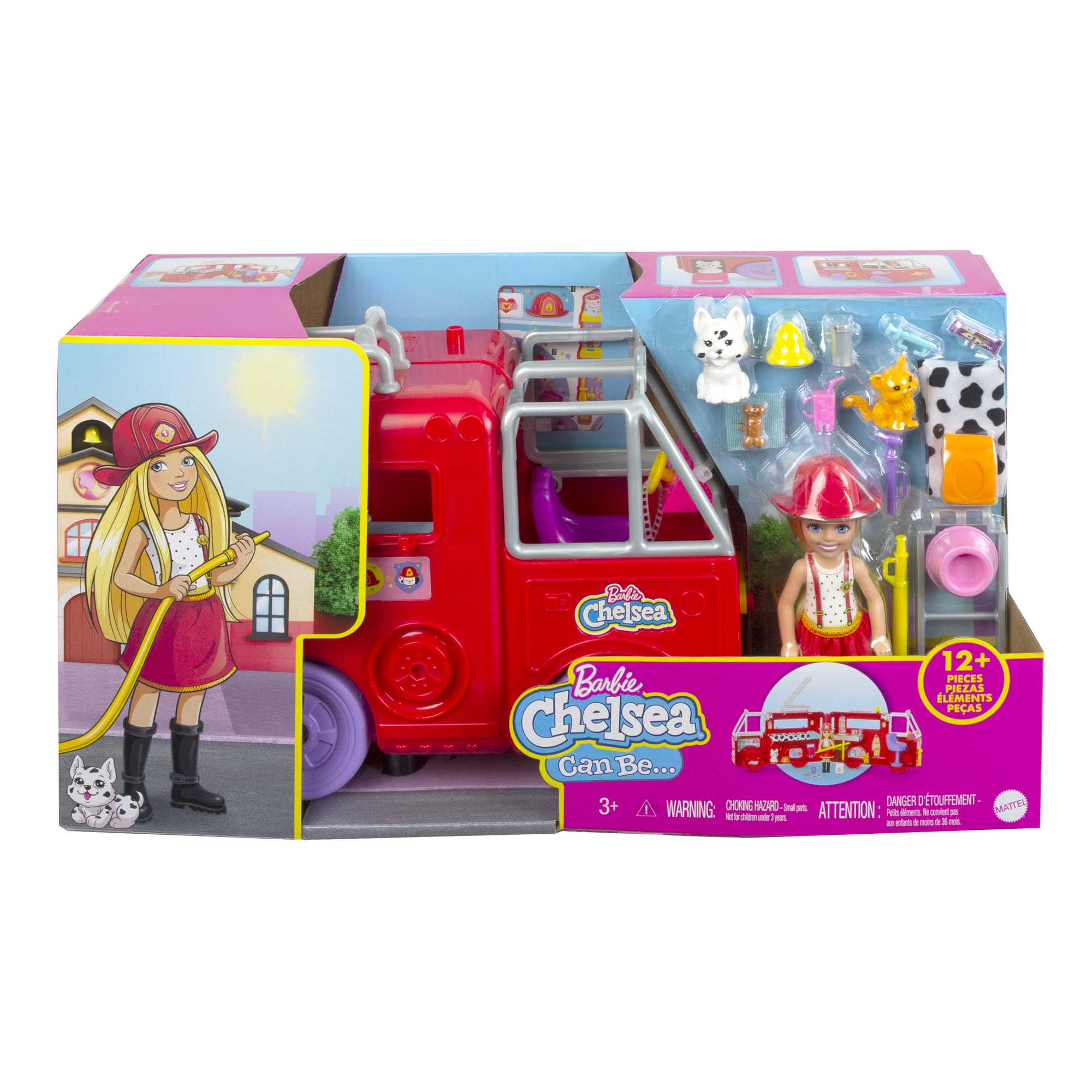 Playset Barbie Chelsea. Autopompa rossa, bambola Barbie pompiere con accessori e figurine di animali nella scatola.