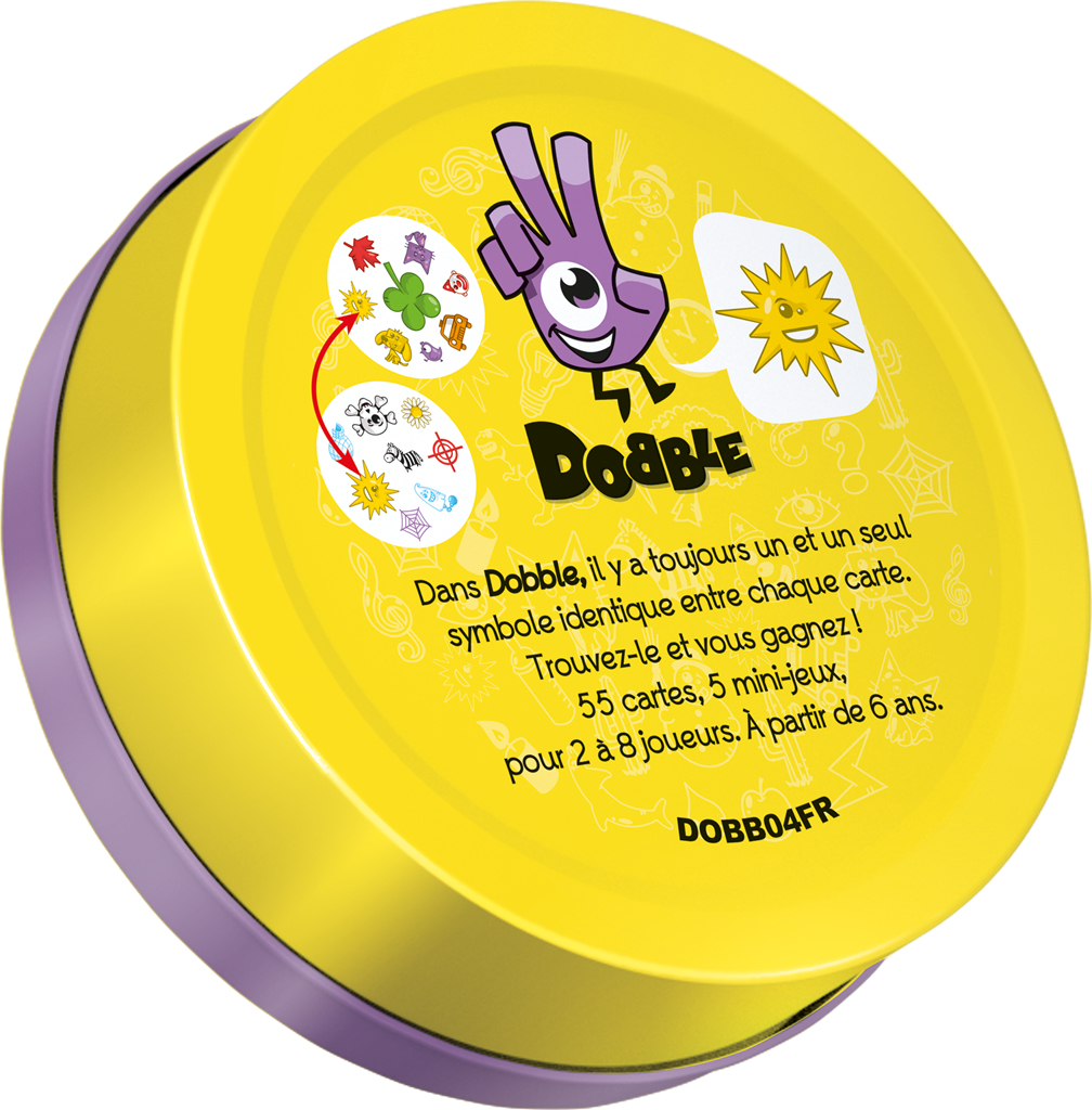 Gelbe Dobble-Spielbox mit Abbildungen einer Hand, Sonne und anderen Symbolen. Text lautet 'Dobble' und Spieldetails auf Französisch.