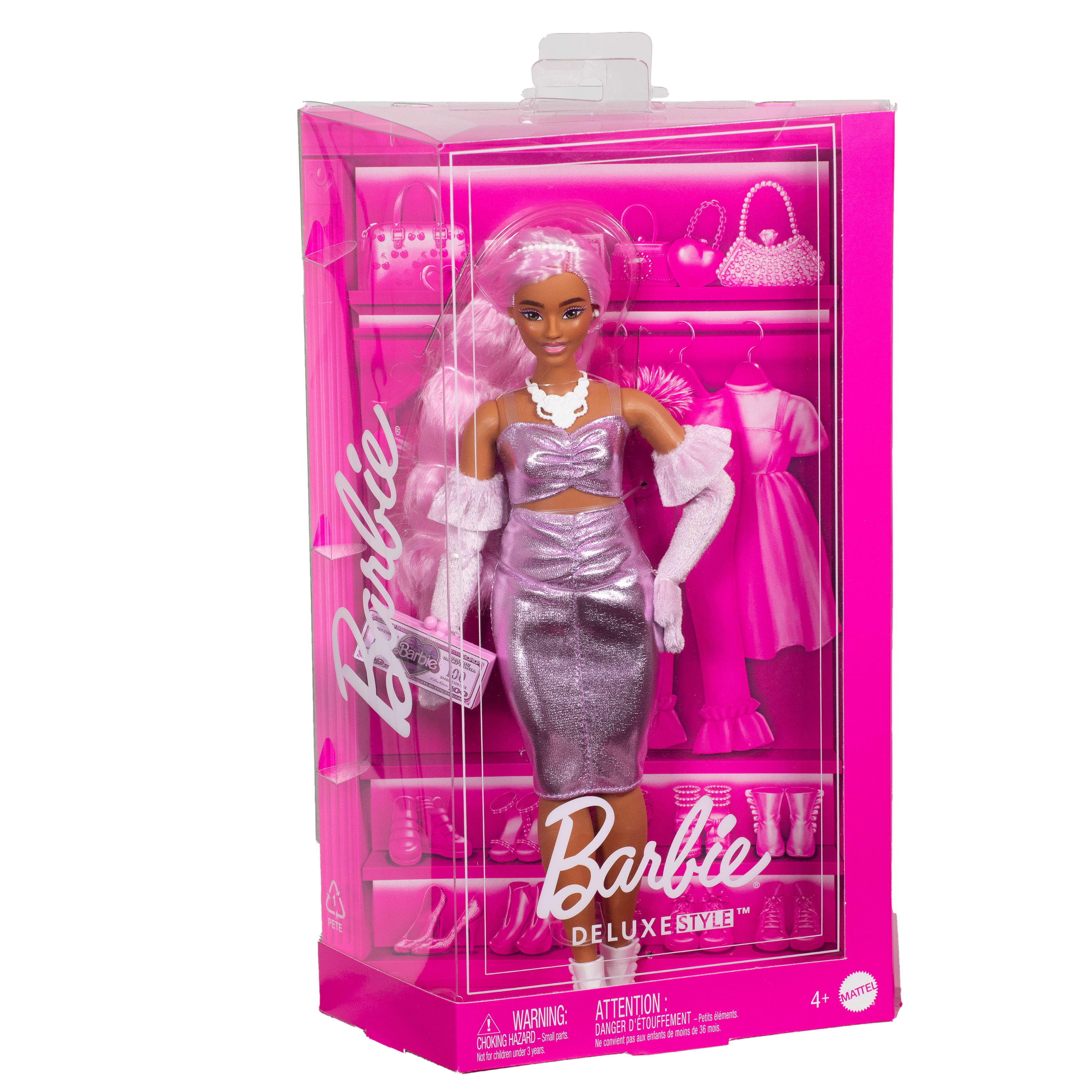 Barbie-Puppe in rosa Box. Barbie trägt silbernes Kleid, Handschuhe und hat rosa Haare. Box hat Zubehör.