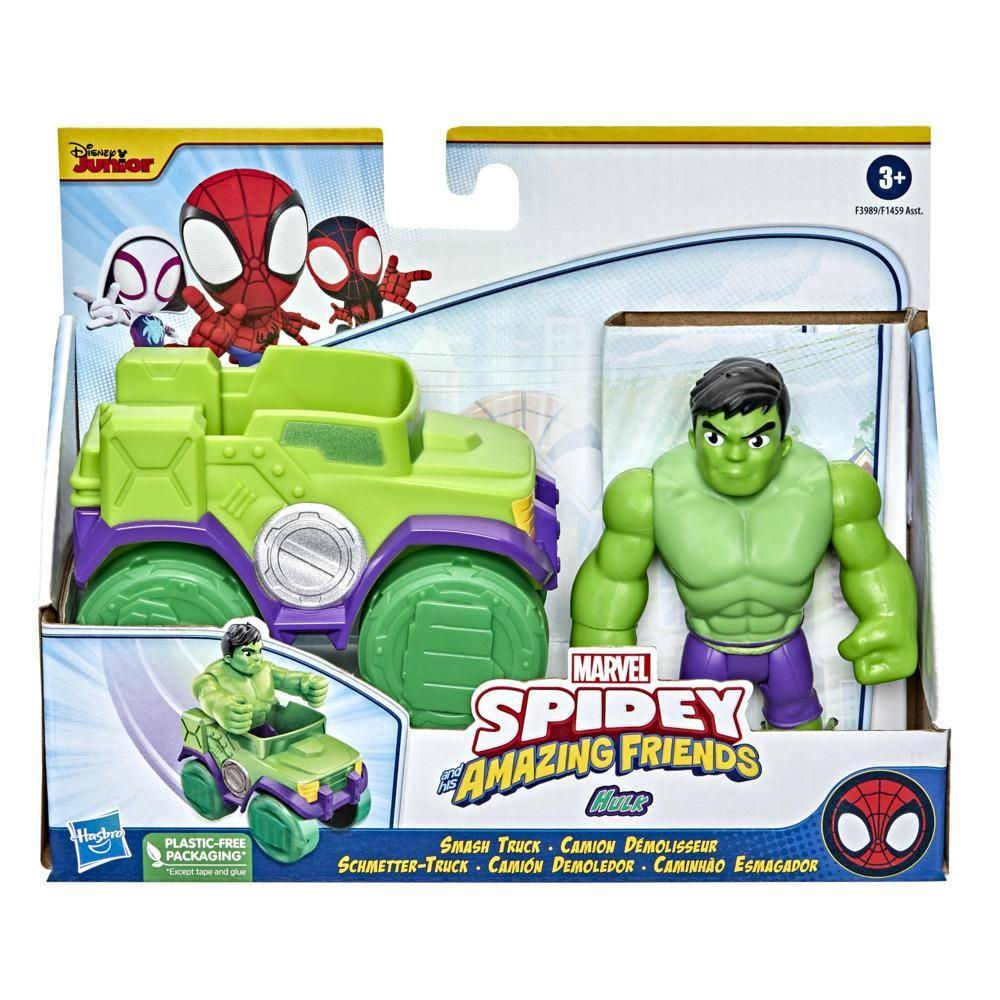 Ein Spielzeugset mit Hulk und Spideys Amazing Friends. Enthält einen grün-violetten Truck und eine Hulk-Figur. Die Verpackung zeigt die Charaktere.