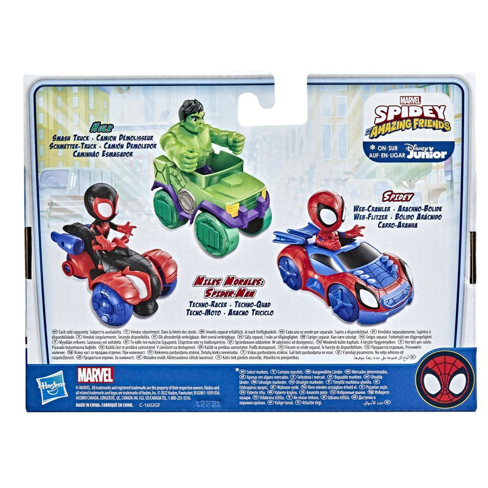 Spielzeugverpackung mit Hulk in einem grünen Truck, Spider-Man auf einem Motorrad und im roten Auto.