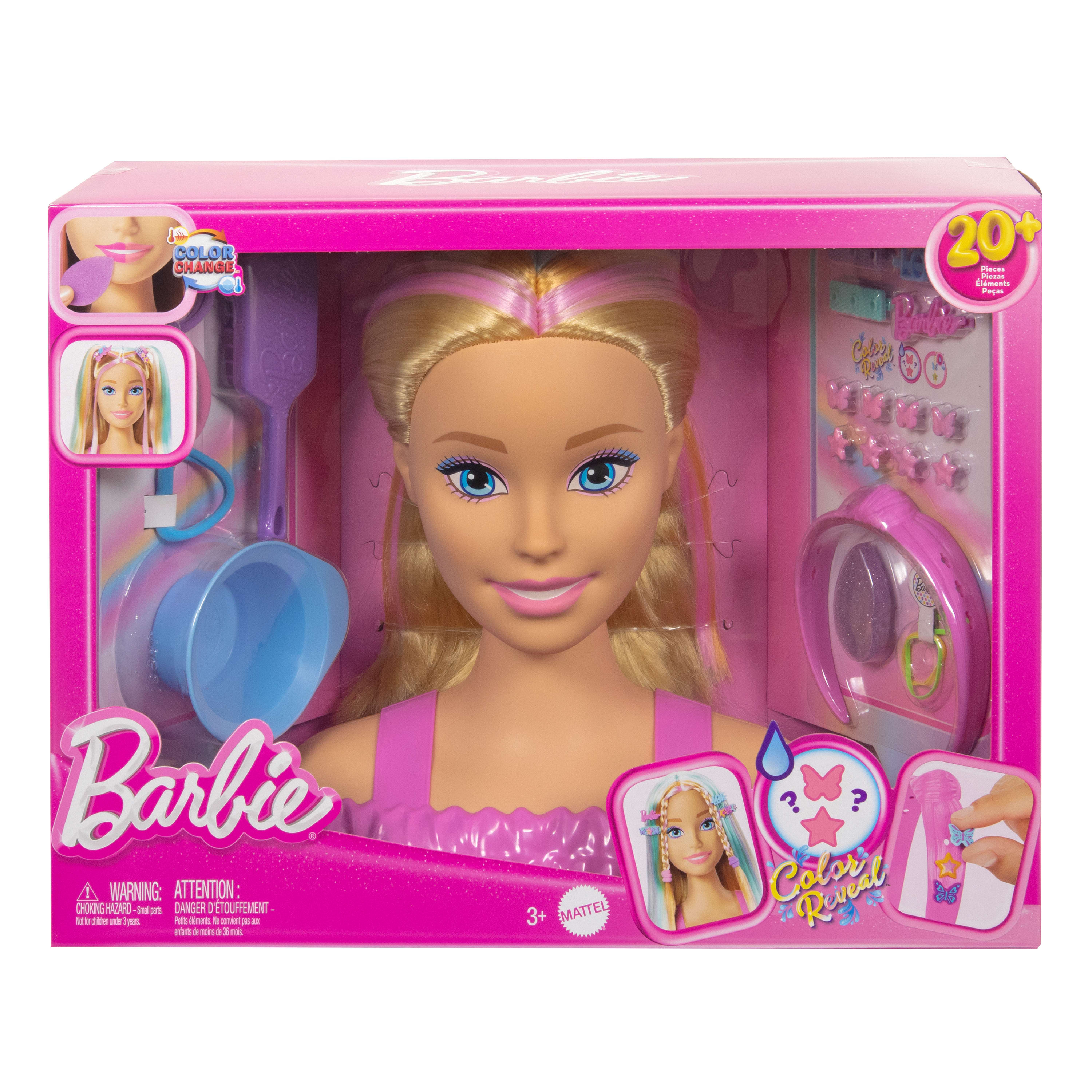 Głowa Barbie w różowym pudełku. Blond włosy, różowe pasemka. Akcesoria: szczotka, miska i motylkowe klipsy.