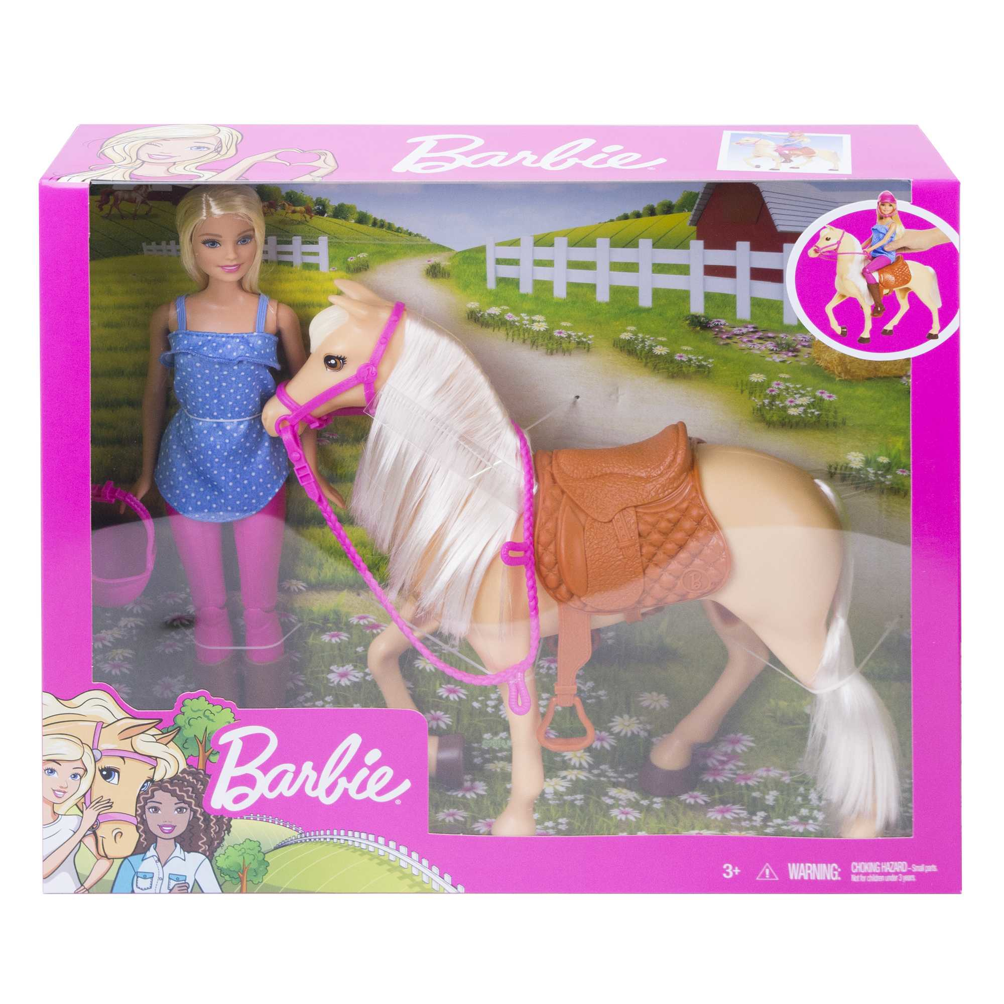 Barbie-Puppe mit einem Pferdespielzeug. Das Pferd hat einen Sattel, und eine Mädchenpuppe steht daneben. Die Box ist pink.