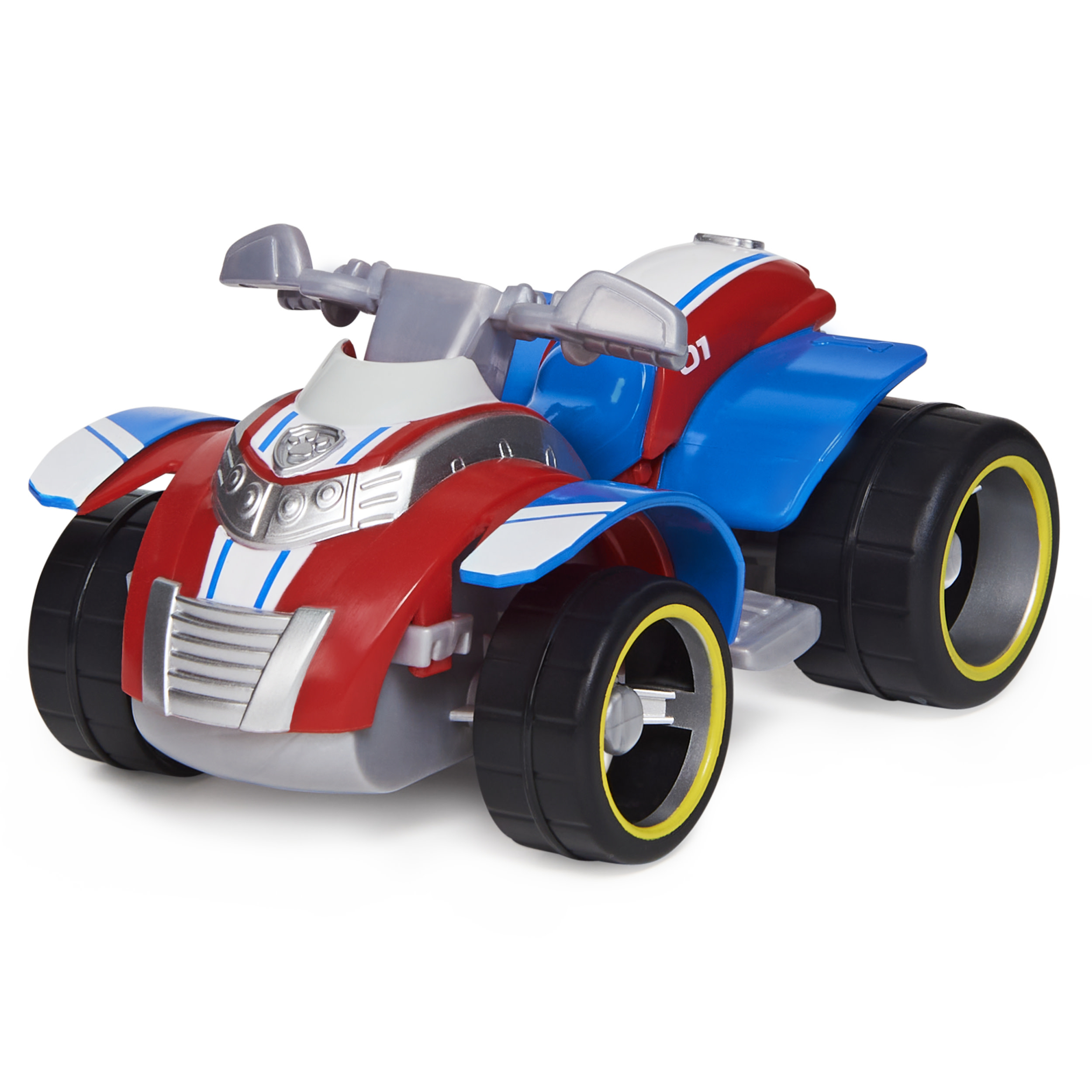 Un quad de juguete es rojo, blanco y azul. Tiene neumáticos negros con llantas amarillas y una parte delantera plateada. Está sobre un fondo blanco.