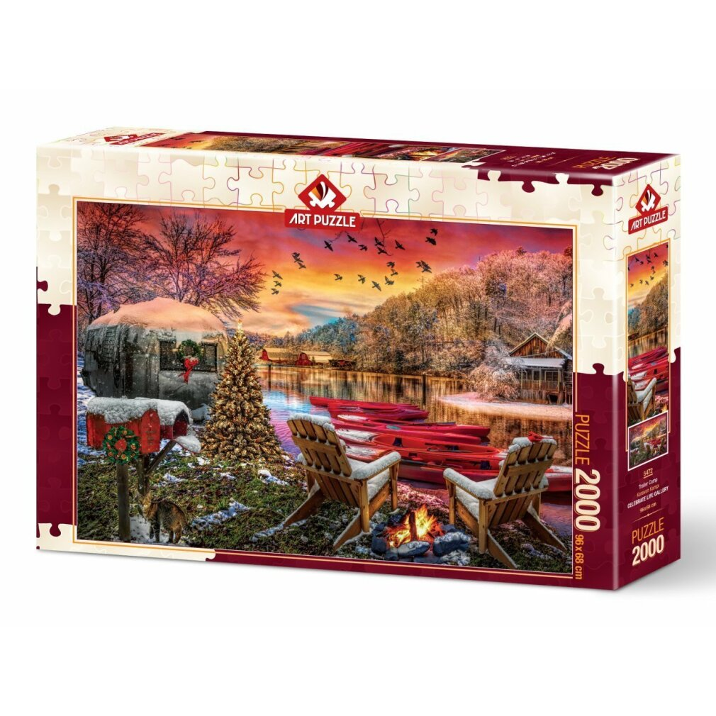 Eine Puzzledose zeigt eine Winterszene: rote Kanus, ein See, Bäume, eine Hütte, Vögel und Stühle am Lagerfeuer. Eine Katze ist in der Nähe.