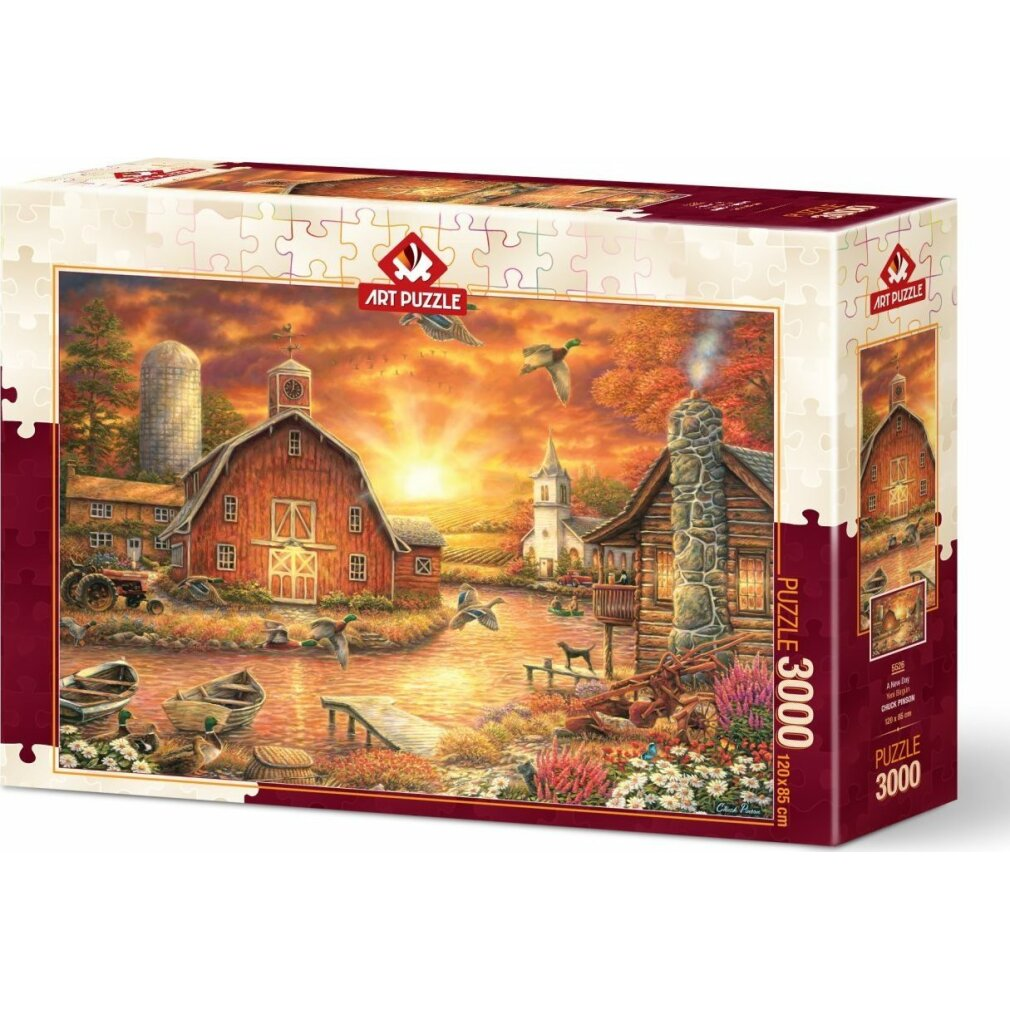 Puzzledose zeigt eine ländliche Sonnenuntergangsszene. Eine rote Scheune, ein See, Enten, eine Kirche und eine Blockhütte sind sichtbar.