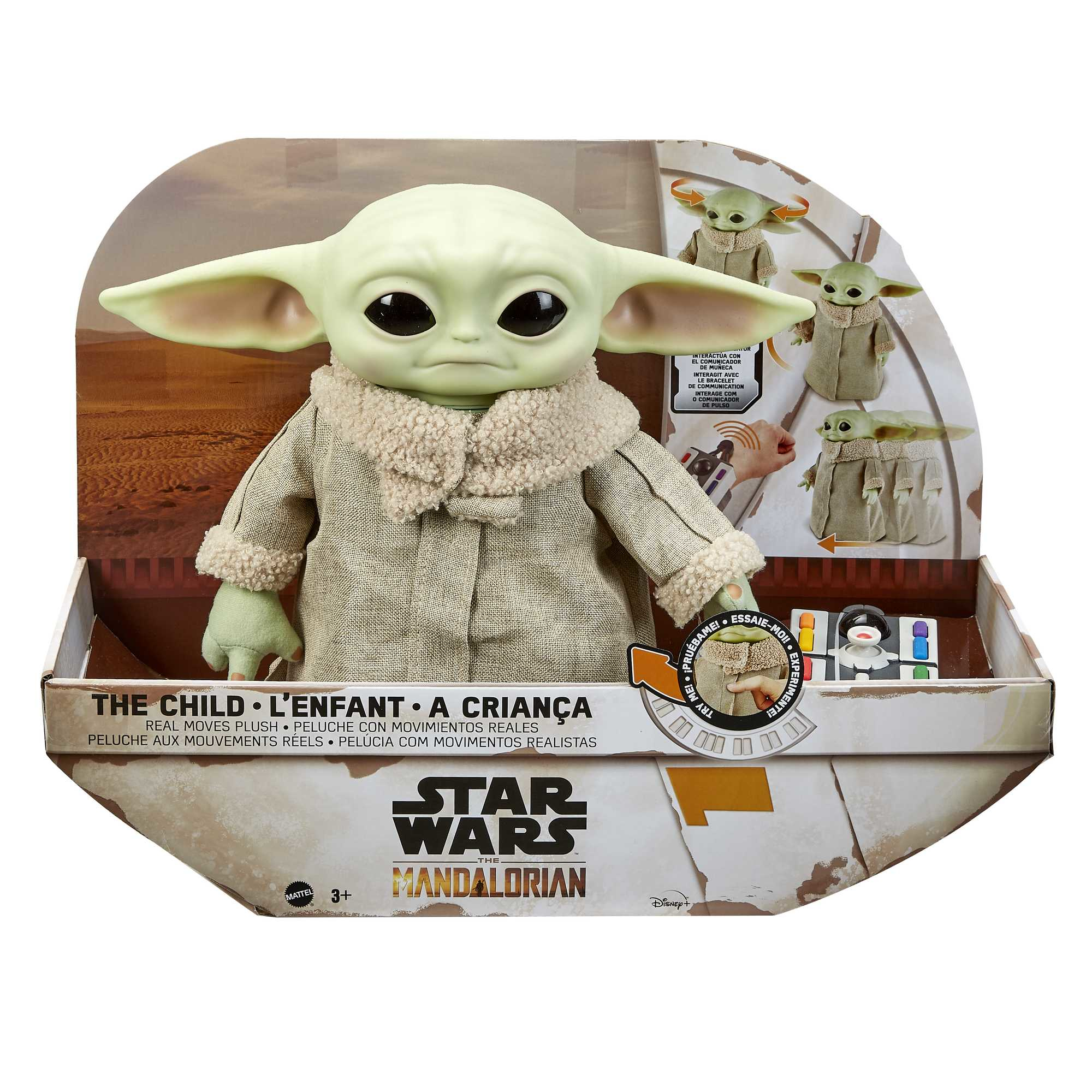 Das Kind Plüschtier aus Star Wars, in einer Box. Es hat große Ohren und trägt einen Mantel. Die Box hat Text.