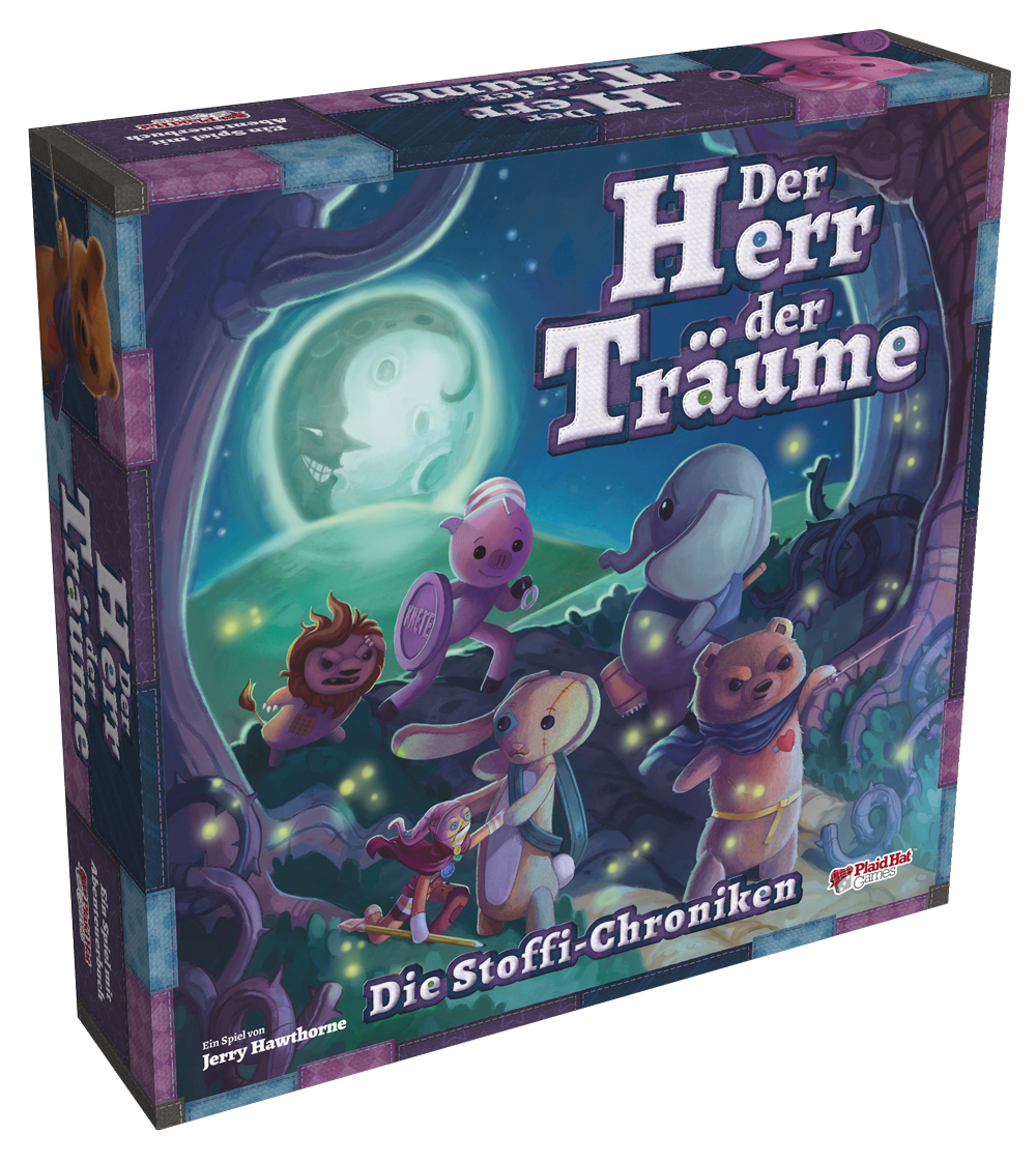 Eine Spielbox mit dem Titel 'Der Herr der Träume' mit Zeichentrickfiguren, einem Schwein, einem Elefanten und einem Bären vor einem Nachthimmel.