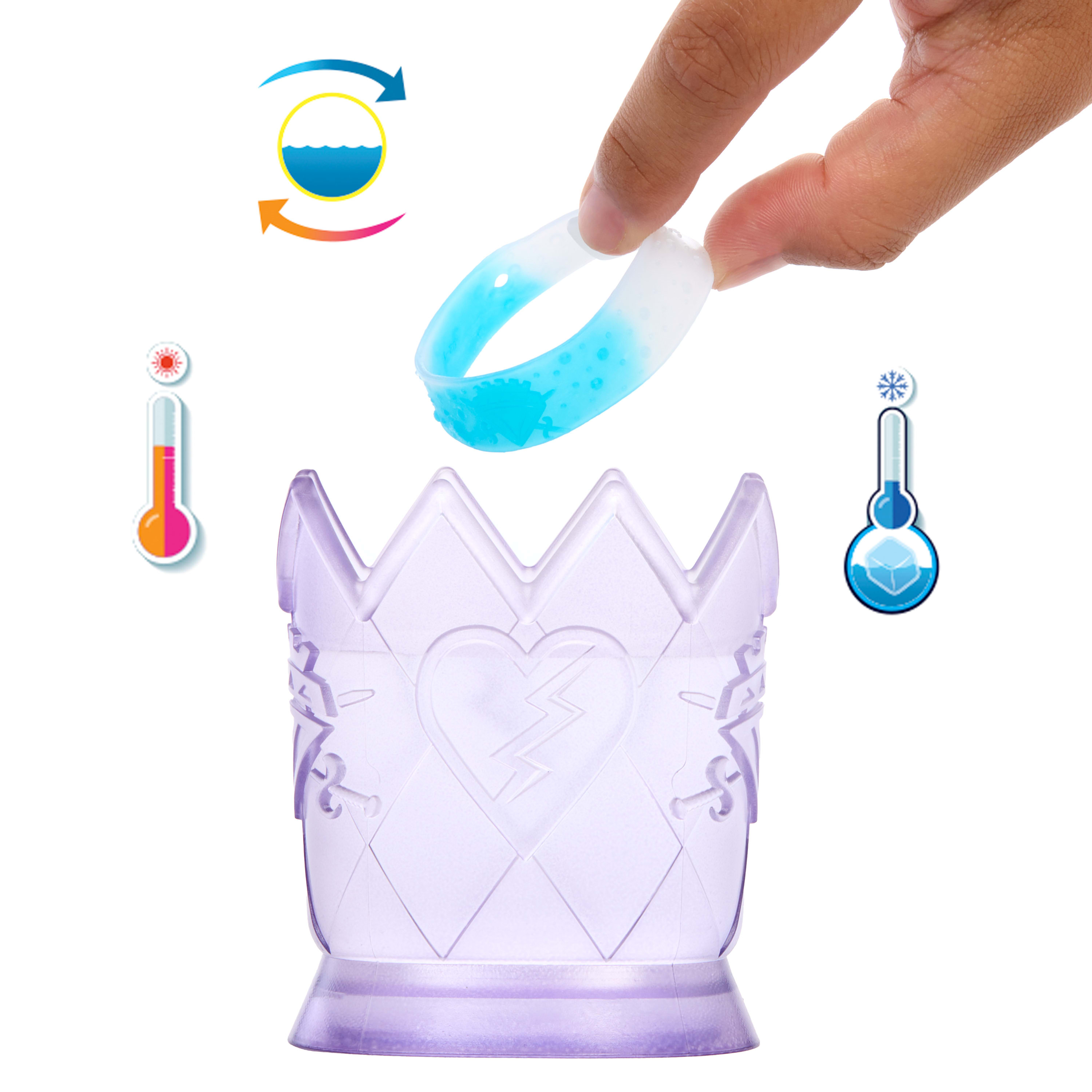 Ręka trzyma niebiesko-biały pierścień nad fioletowym pojemnikiem z sercem. Ikony termometru obok.